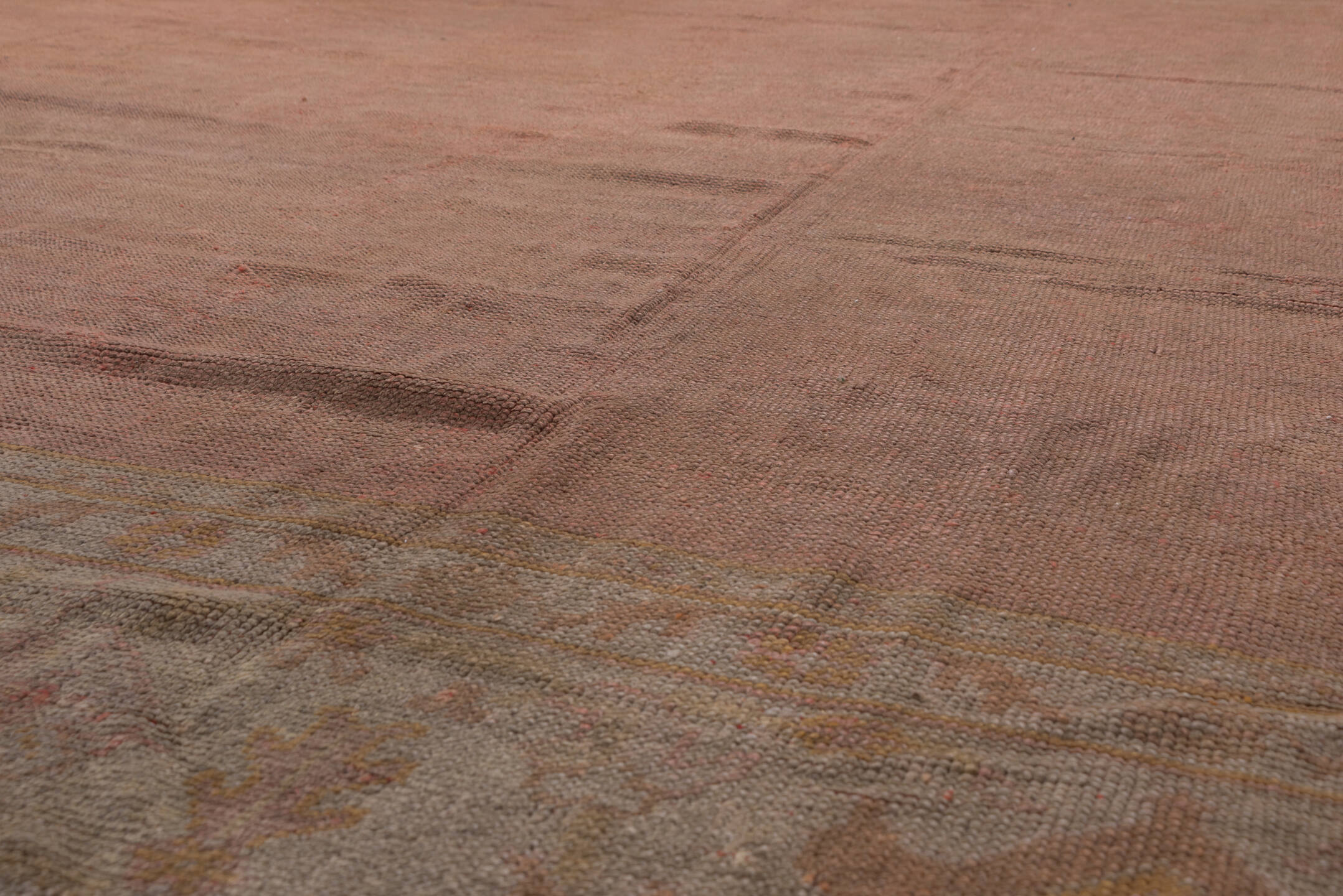 12' x 15' one-of-a-kind handmade vintage Afghan oversize rug. Color palette: rose, ivory, taupe, muted gold, dusty pink