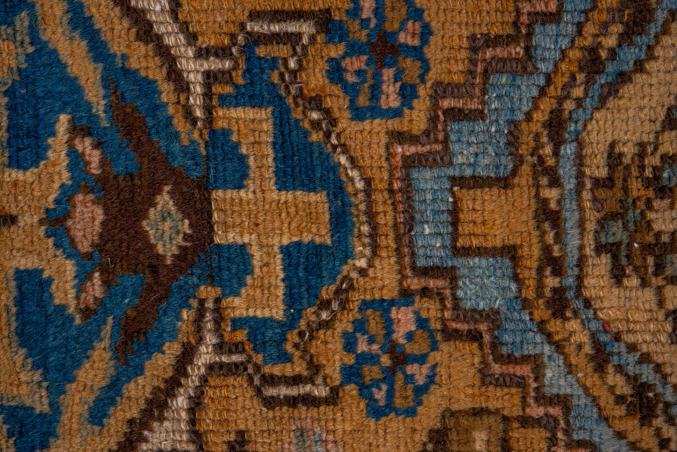2' x 11' one-of-a-kind handmade vintage Heriz runner rug. Color palette: camel, blue, ivory, rust, taupe, brown, beige
