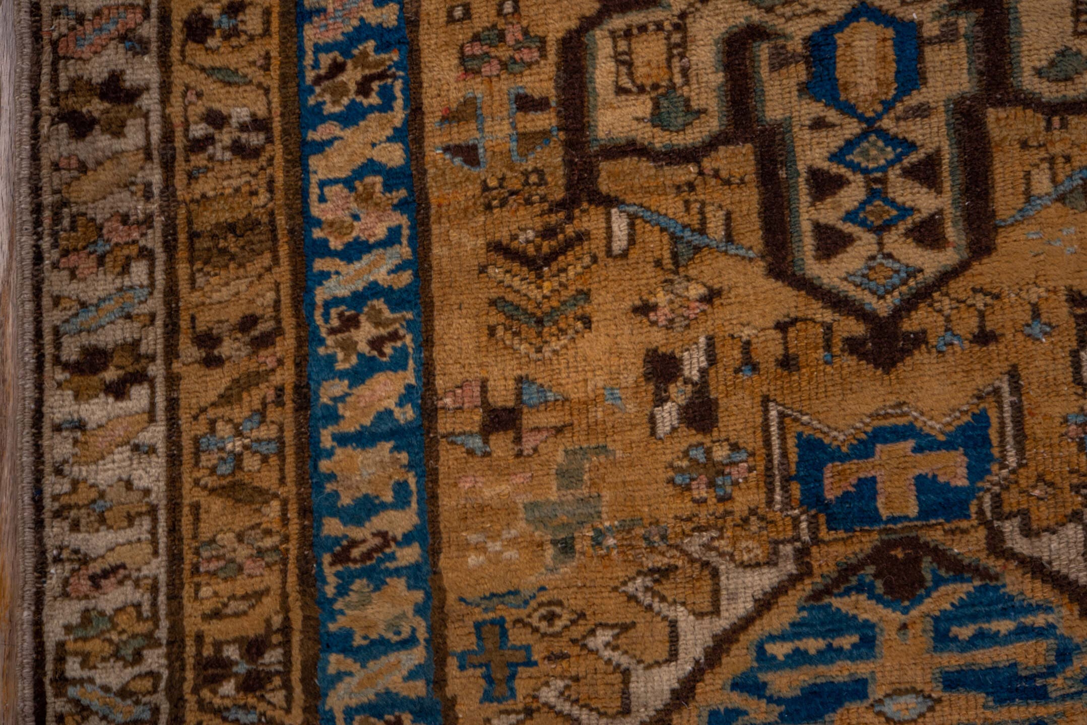 2' x 11' one-of-a-kind handmade vintage Heriz runner rug. Color palette: camel, blue, ivory, rust, taupe, brown, beige
