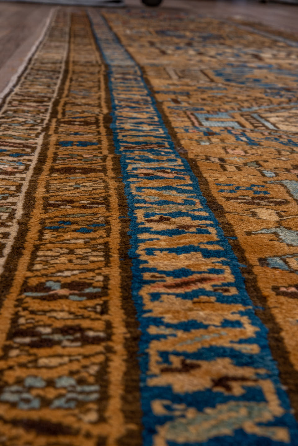 13' x 15' one-of-a-kind handmade vintage Afghan oversize rug. Color palette: camel, indigo, ivory, taupe, slate, sienna