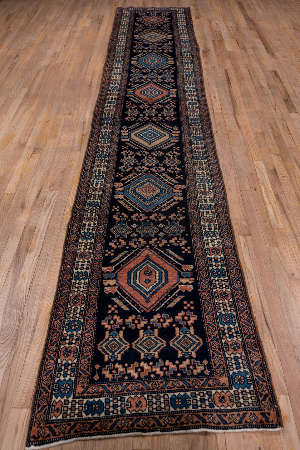 12' x 18' one-of-a-kind handmade vintage Kilim oversize rug. Color palette: navy, ivory, sky blue, terracotta, camel, rust