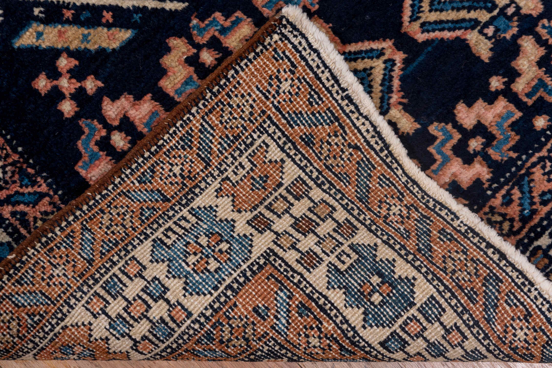 12' x 18' one-of-a-kind handmade vintage Kilim oversize rug. Color palette: navy, ivory, sky blue, terracotta, camel, rust