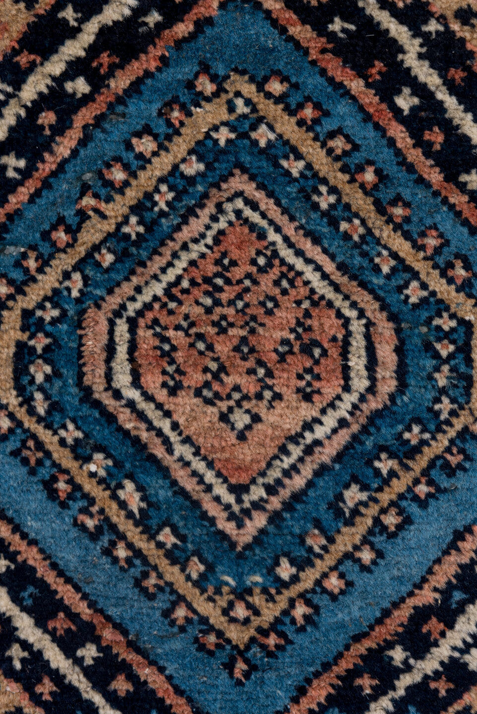 12' x 18' one-of-a-kind handmade vintage Kilim oversize rug. Color palette: navy, ivory, sky blue, terracotta, camel, rust