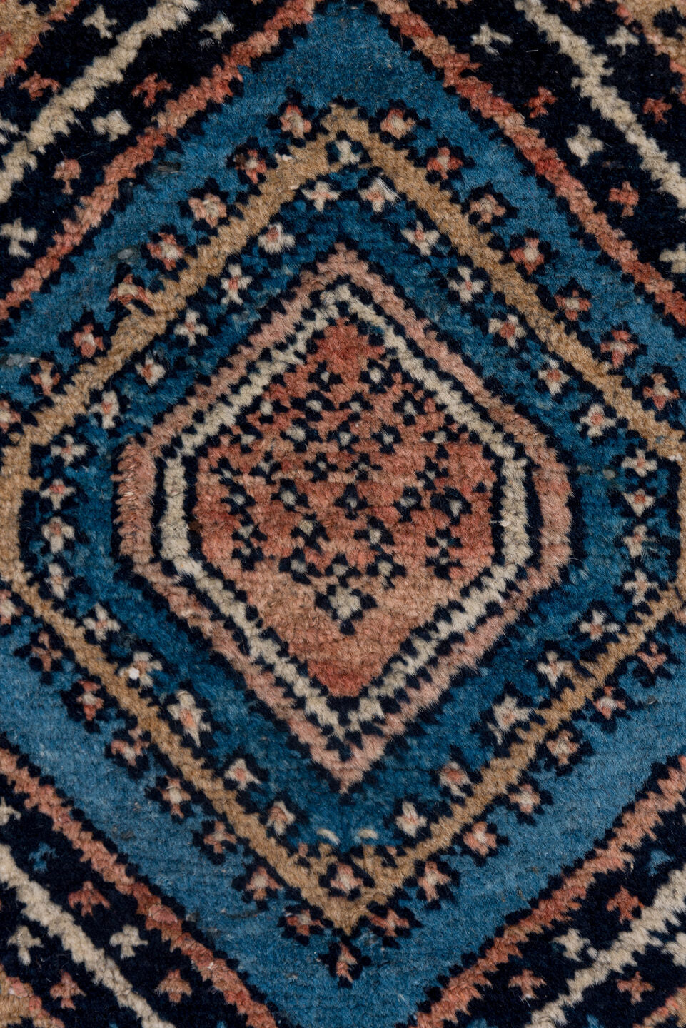 12' x 18' one-of-a-kind handmade vintage Kilim oversize rug. Color palette: navy, ivory, sky blue, terracotta, camel, rust