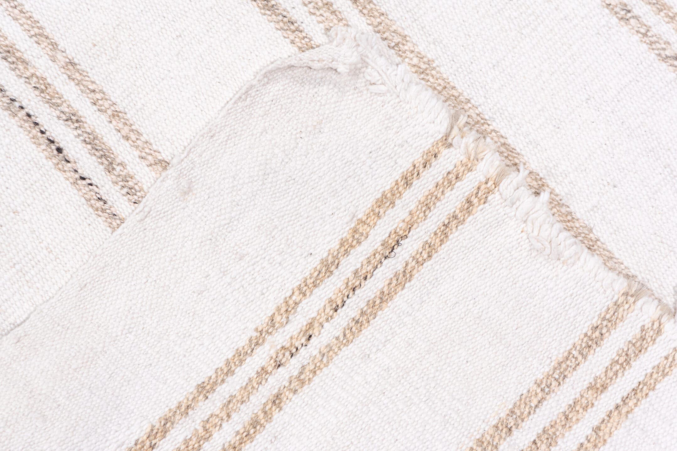 2' x 14' one-of-a-kind handmade vintage Flatweave runner rug. Color palette: ivory, tan, beige