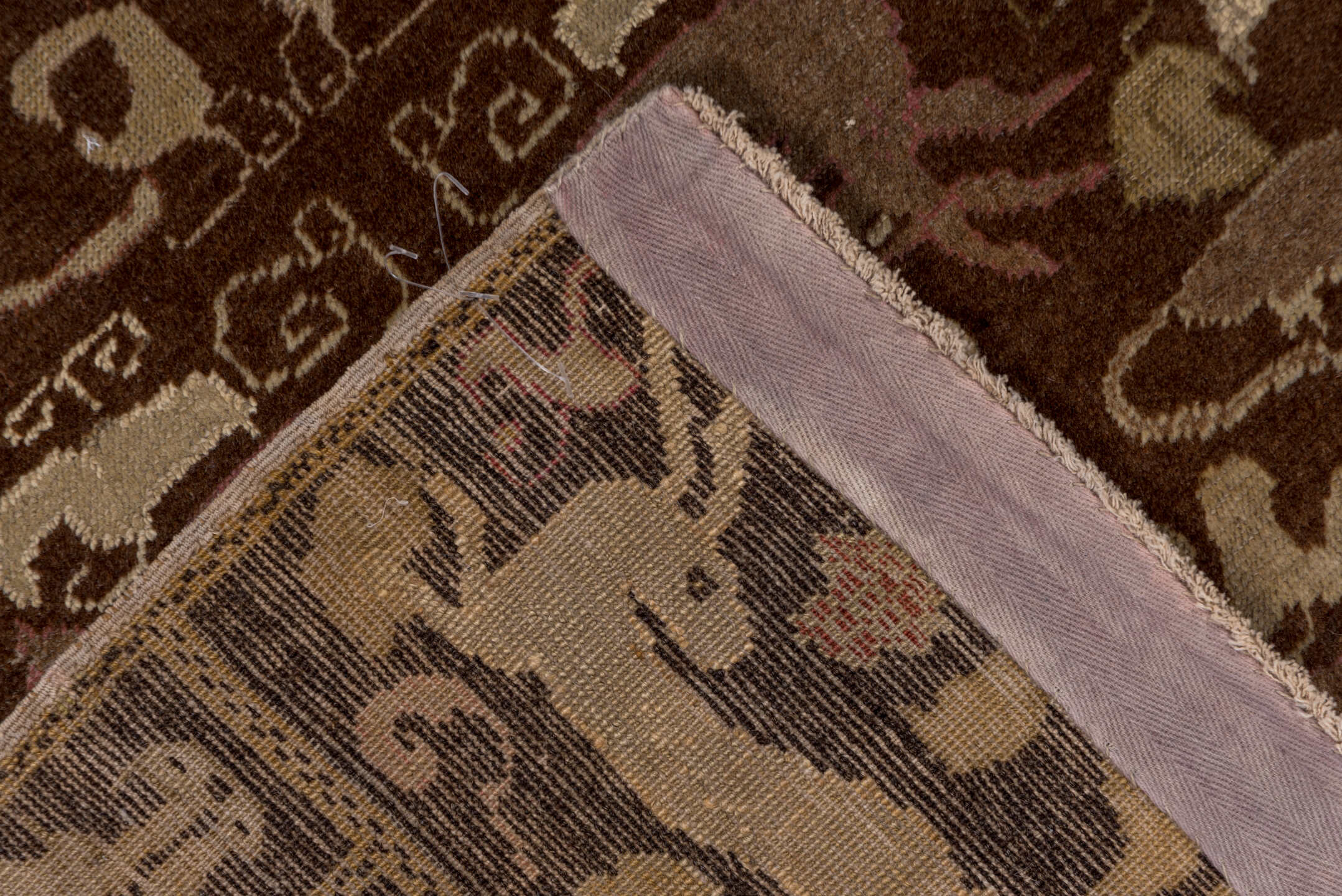 12' x 15' one-of-a-kind handmade vintage Kilim oversize rug. Color palette: brown, ivory, taupe, plum, olive, camel