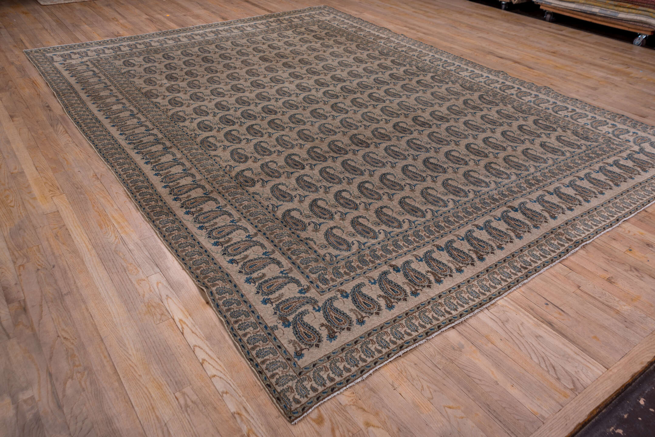 9' x 13' one-of-a-kind handmade vintage Sivas large size rug. Color palette: black, blue, brown, charcoal, dim gray, fiord