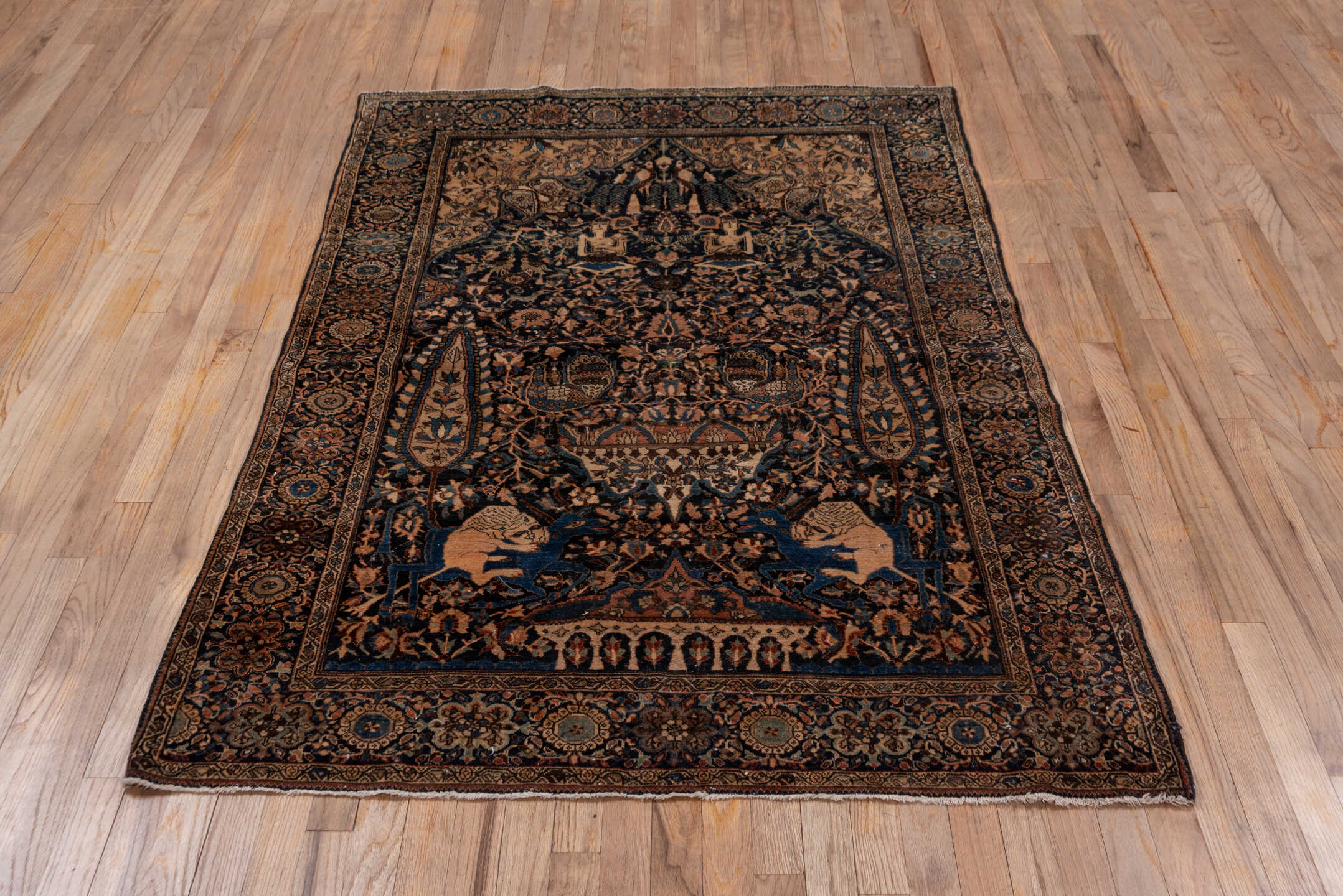 10' x 14' one-of-a-kind handmade vintage Kilim large size rug. Color palette: navy, camel, ivory, slate blue, taupe, brown