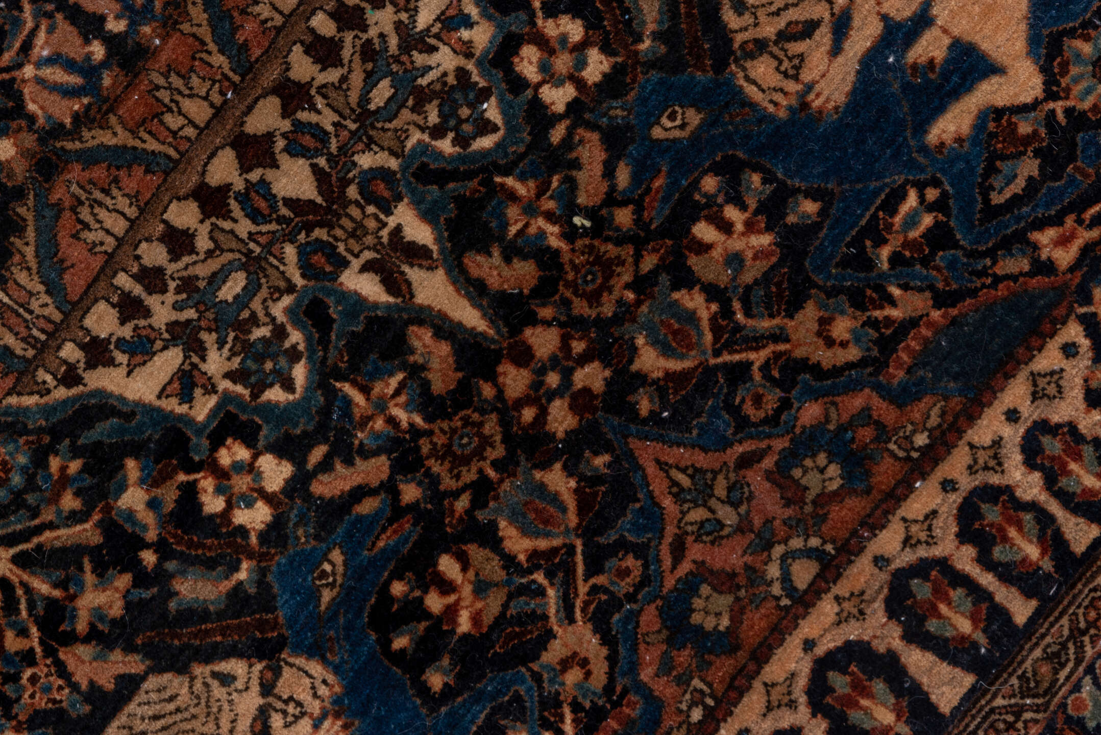10' x 14' one-of-a-kind handmade vintage Kilim large size rug. Color palette: navy, camel, ivory, slate blue, taupe, brown