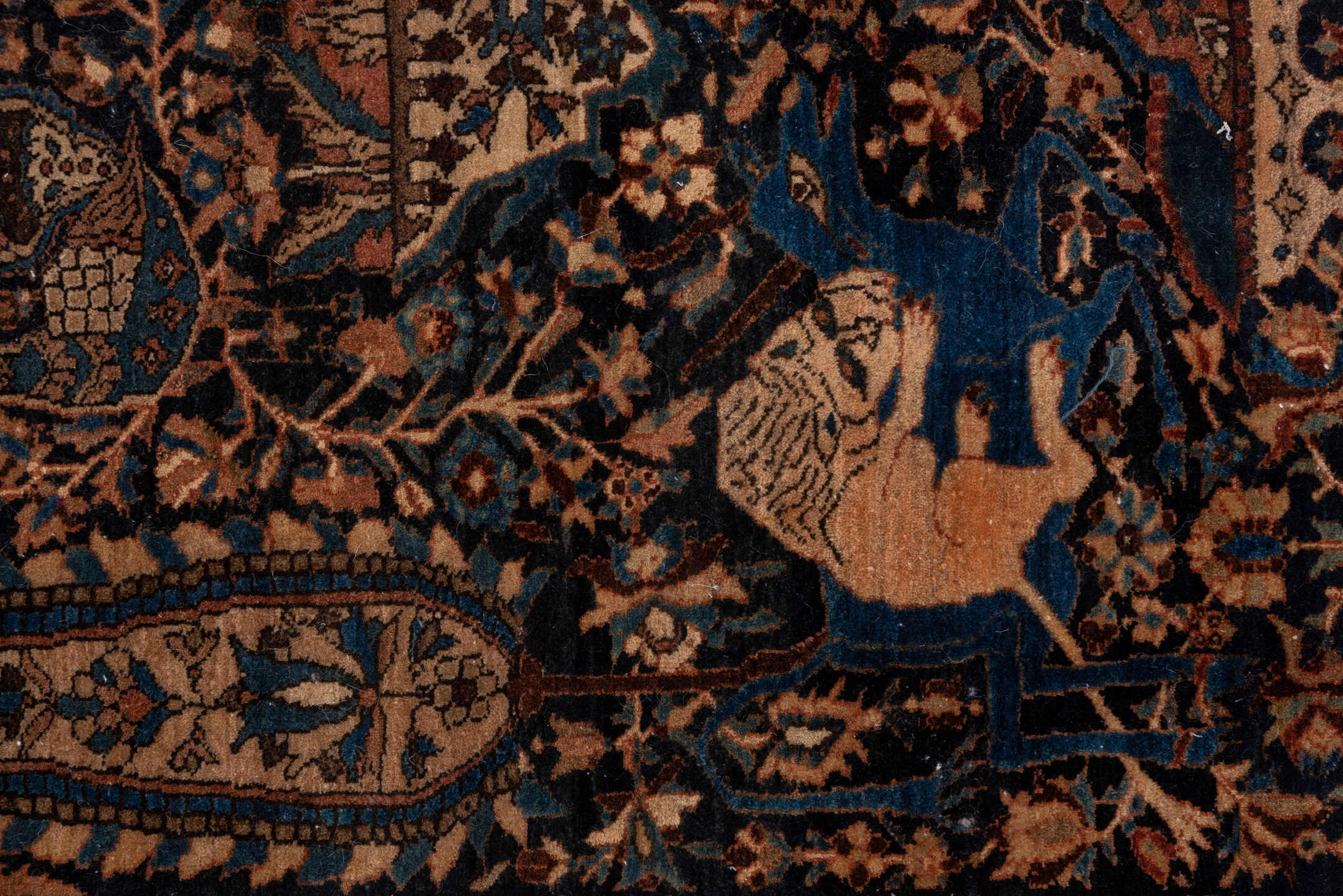 10' x 14' one-of-a-kind handmade vintage Kilim large size rug. Color palette: navy, camel, ivory, slate blue, taupe, brown