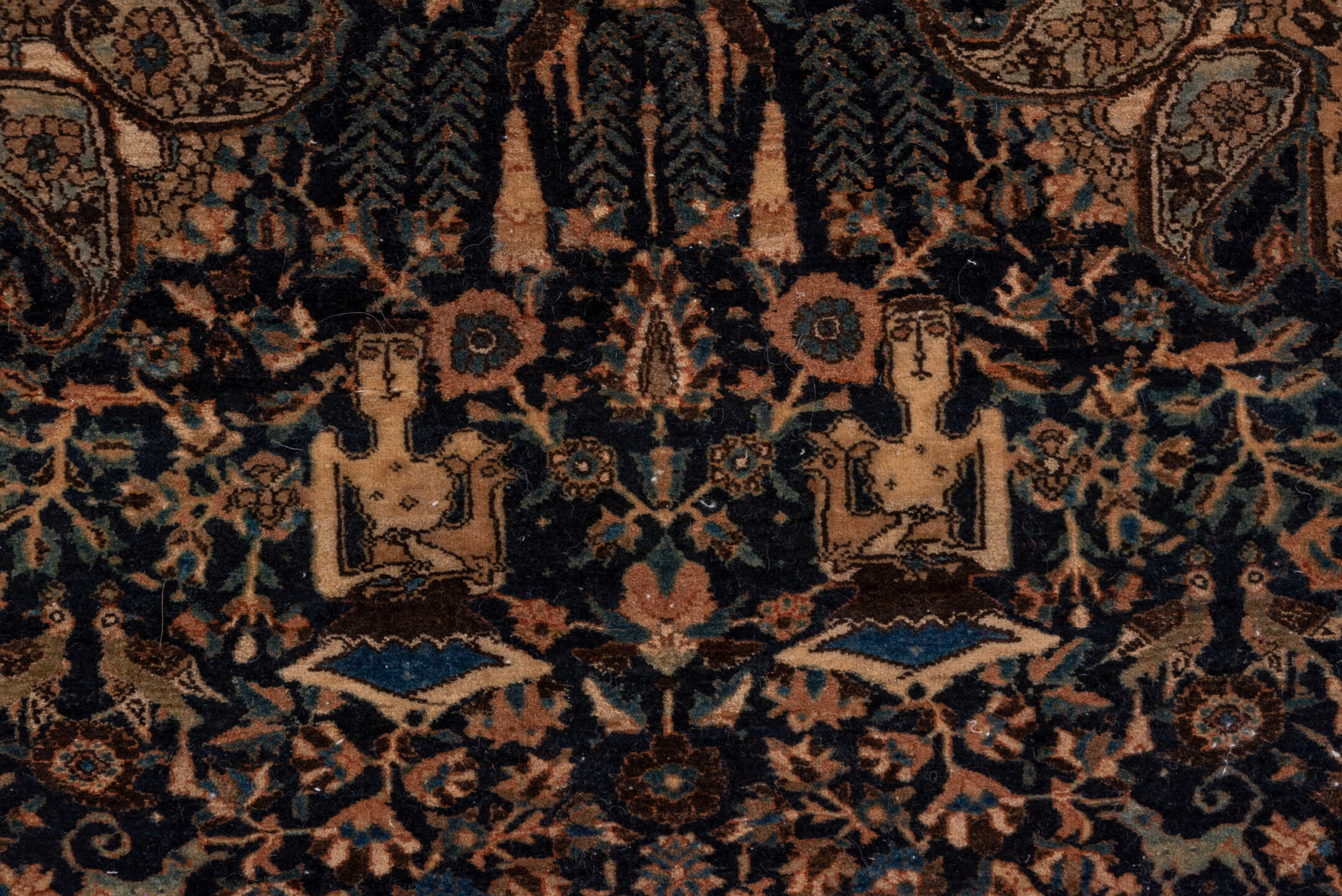 10' x 14' one-of-a-kind handmade vintage Kilim large size rug. Color palette: navy, camel, ivory, slate blue, taupe, brown