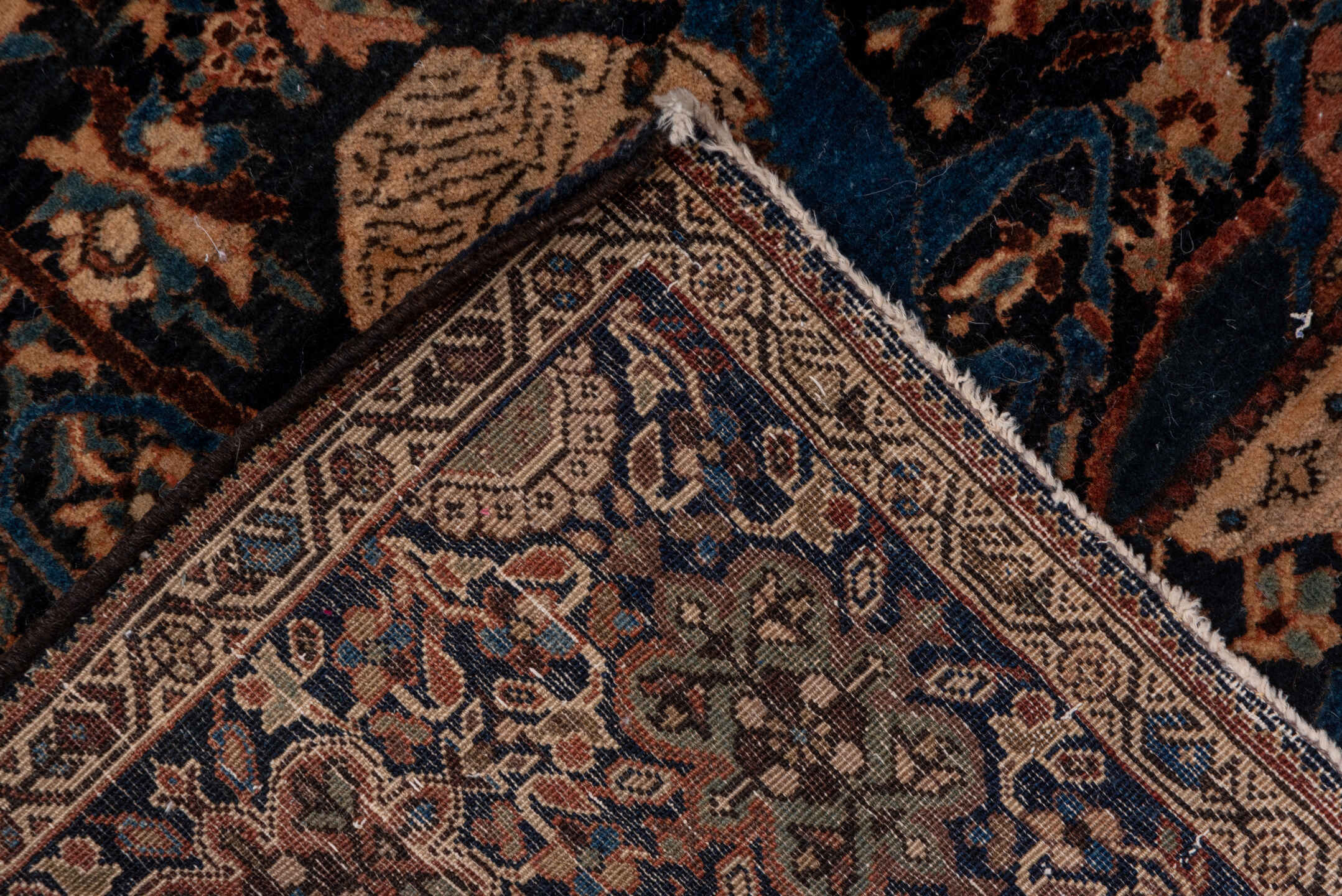 10' x 14' one-of-a-kind handmade vintage Kilim large size rug. Color palette: navy, camel, ivory, slate blue, taupe, brown