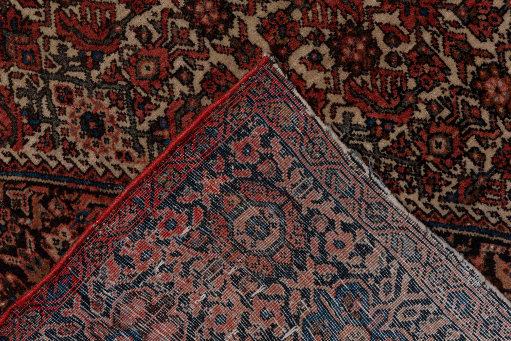 8' x 9' one-of-a-kind handmade vintage Tulu large size rug. Color palette: rust, ivory, navy, terracotta, charcoal, camel