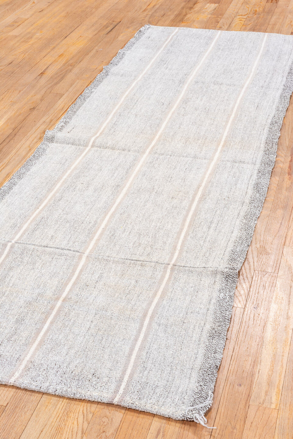 2' x 7' one-of-a-kind handmade antique Flatweave runner rug. Color palette: ivory, light gray, silver, cream, gray