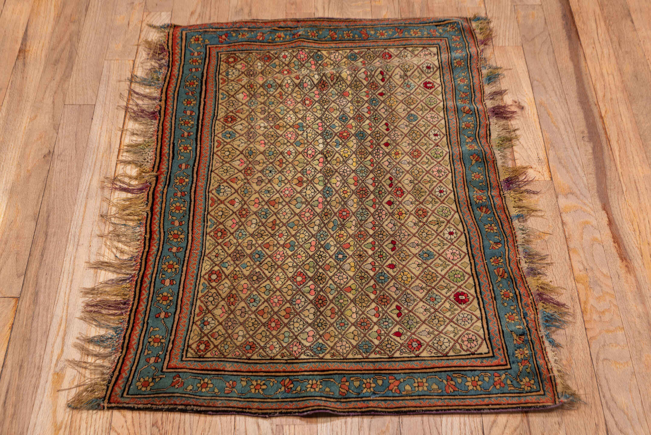 10' x 13' one-of-a-kind handmade vintage Afghan large size rug. Color palette: ivory, muted blue, rust, rose, taupe, camel