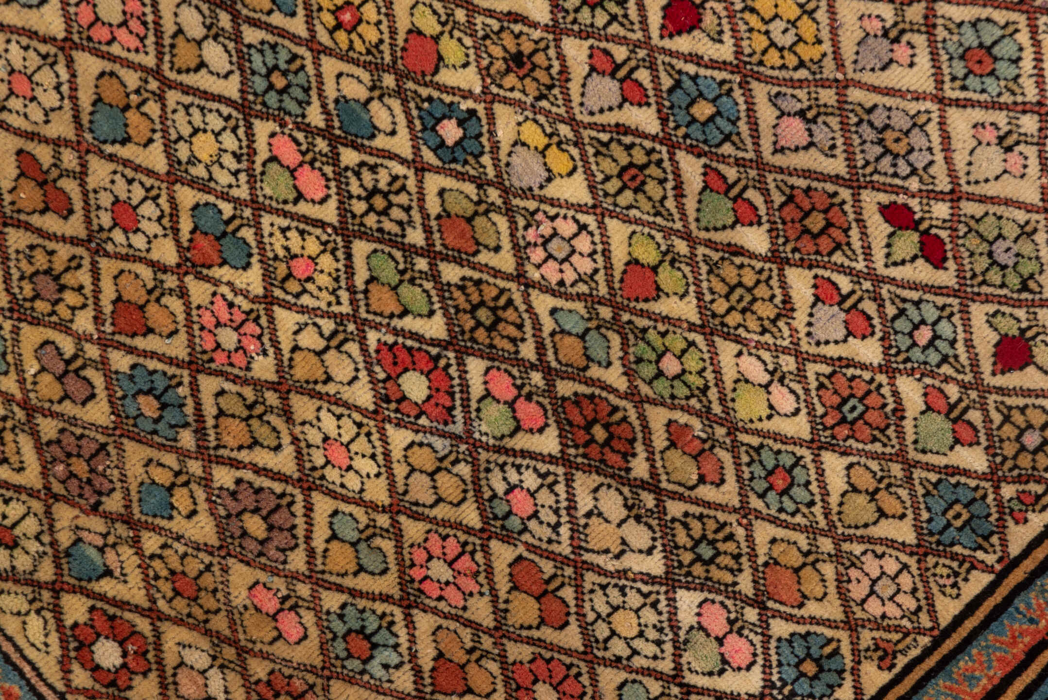 10' x 13' one-of-a-kind handmade vintage Afghan large size rug. Color palette: ivory, muted blue, rust, rose, taupe, camel
