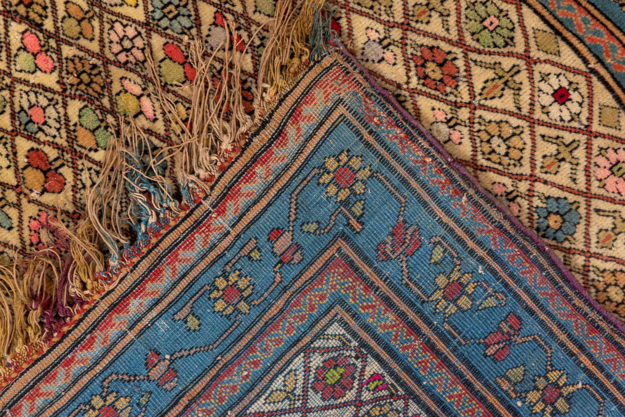 10' x 13' one-of-a-kind handmade vintage Afghan large size rug. Color palette: ivory, muted blue, rust, rose, taupe, camel