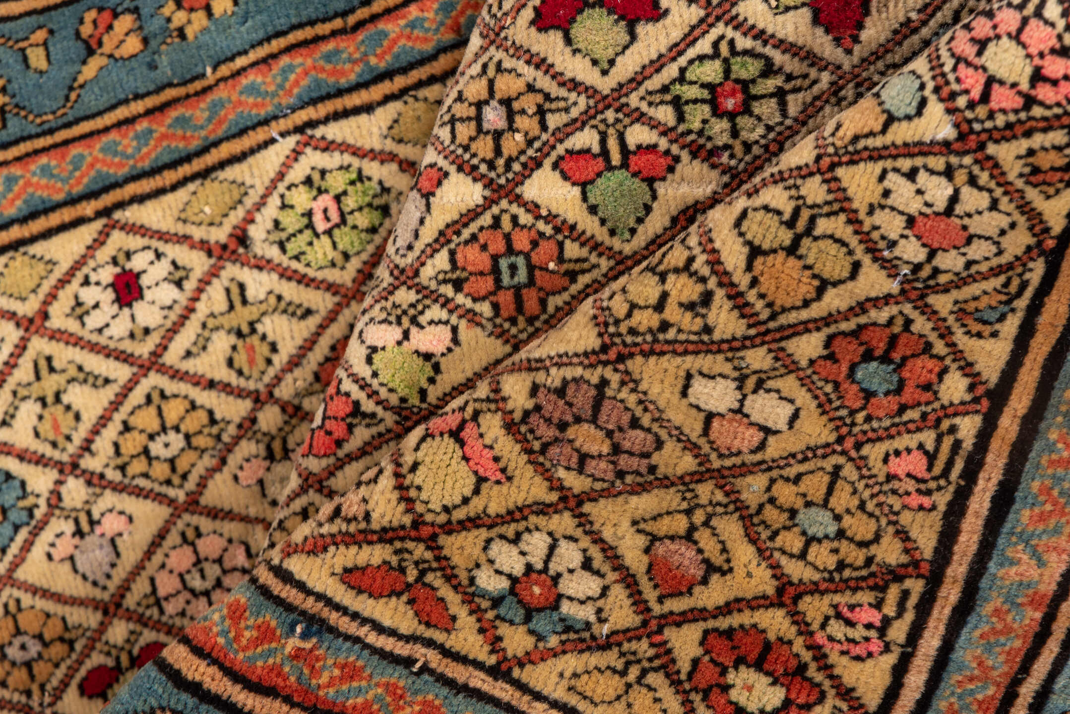 10' x 13' one-of-a-kind handmade vintage Afghan large size rug. Color palette: ivory, muted blue, rust, rose, taupe, camel