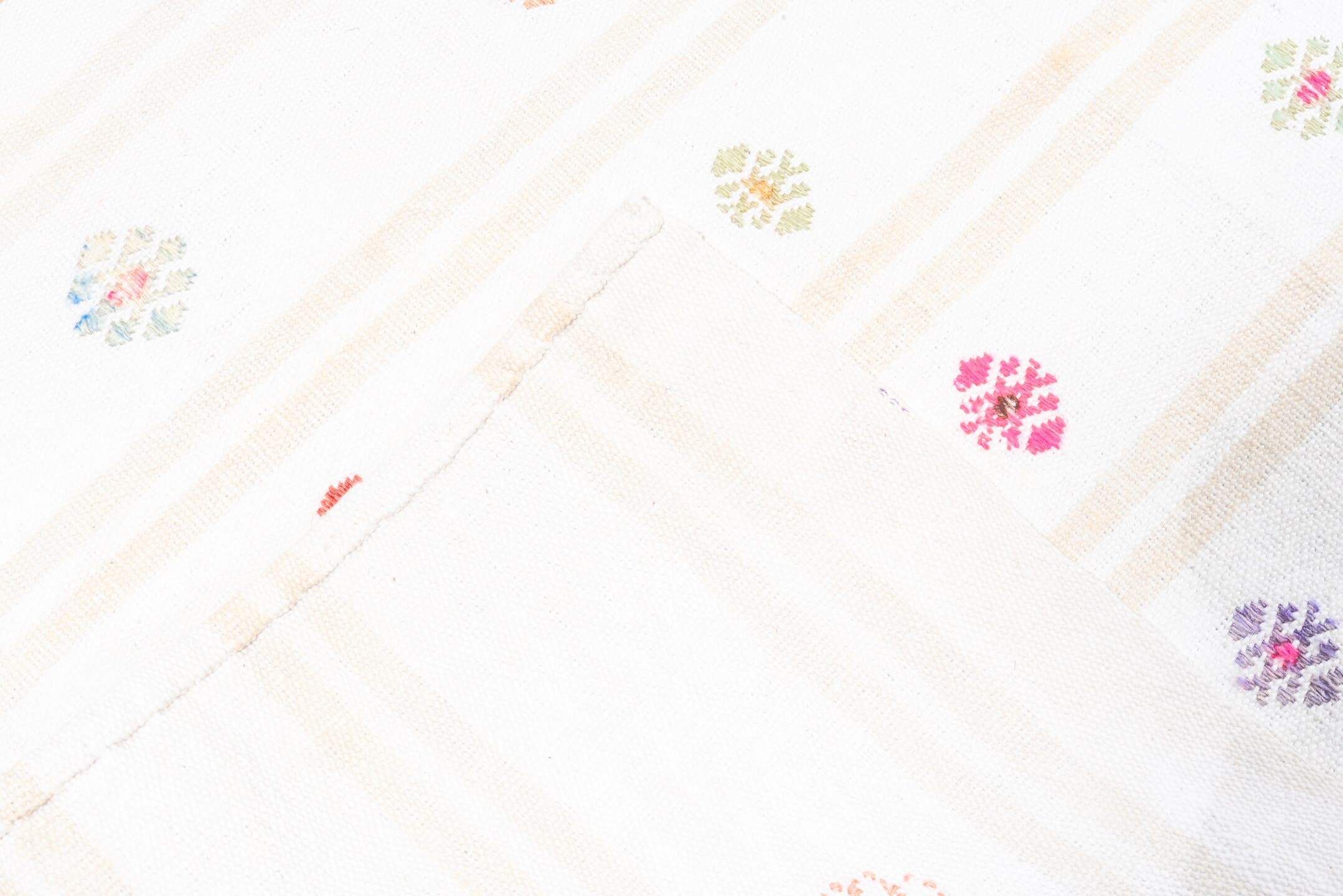 2' x 16' one-of-a-kind handmade antique Flatweave runner rug. Color palette: ivory, cream, rose, rust, gold, taupe, sky blue