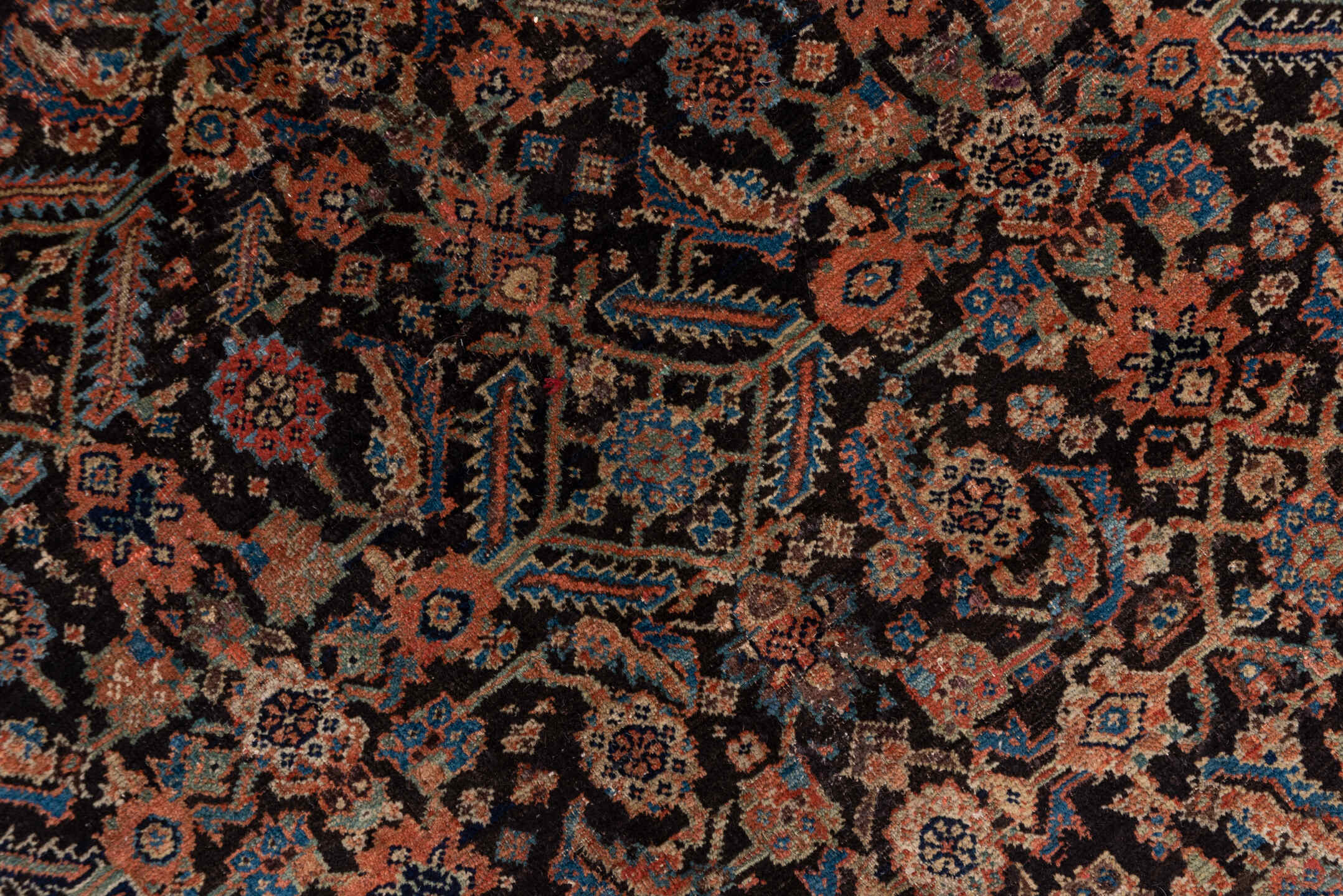 3' x 12' one-of-a-kind handmade vintage Tulu runner rug. Color palette: deep brown, terracotta, ivory, muted blue, navy