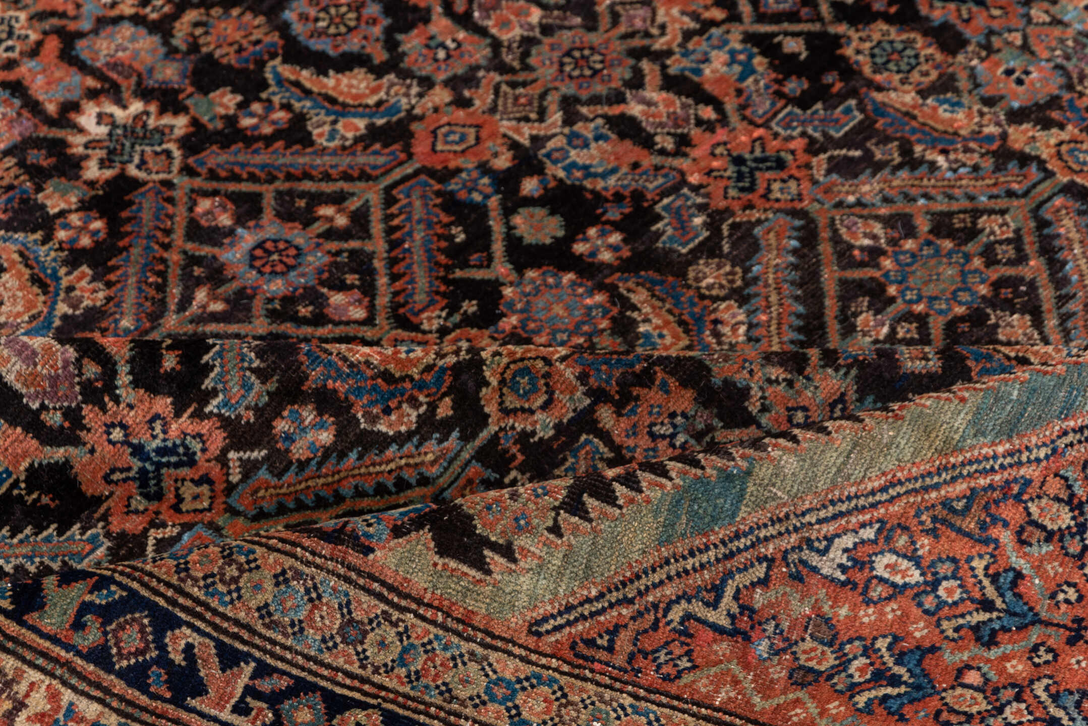 3' x 12' one-of-a-kind handmade vintage Tulu runner rug. Color palette: deep brown, terracotta, ivory, muted blue, navy