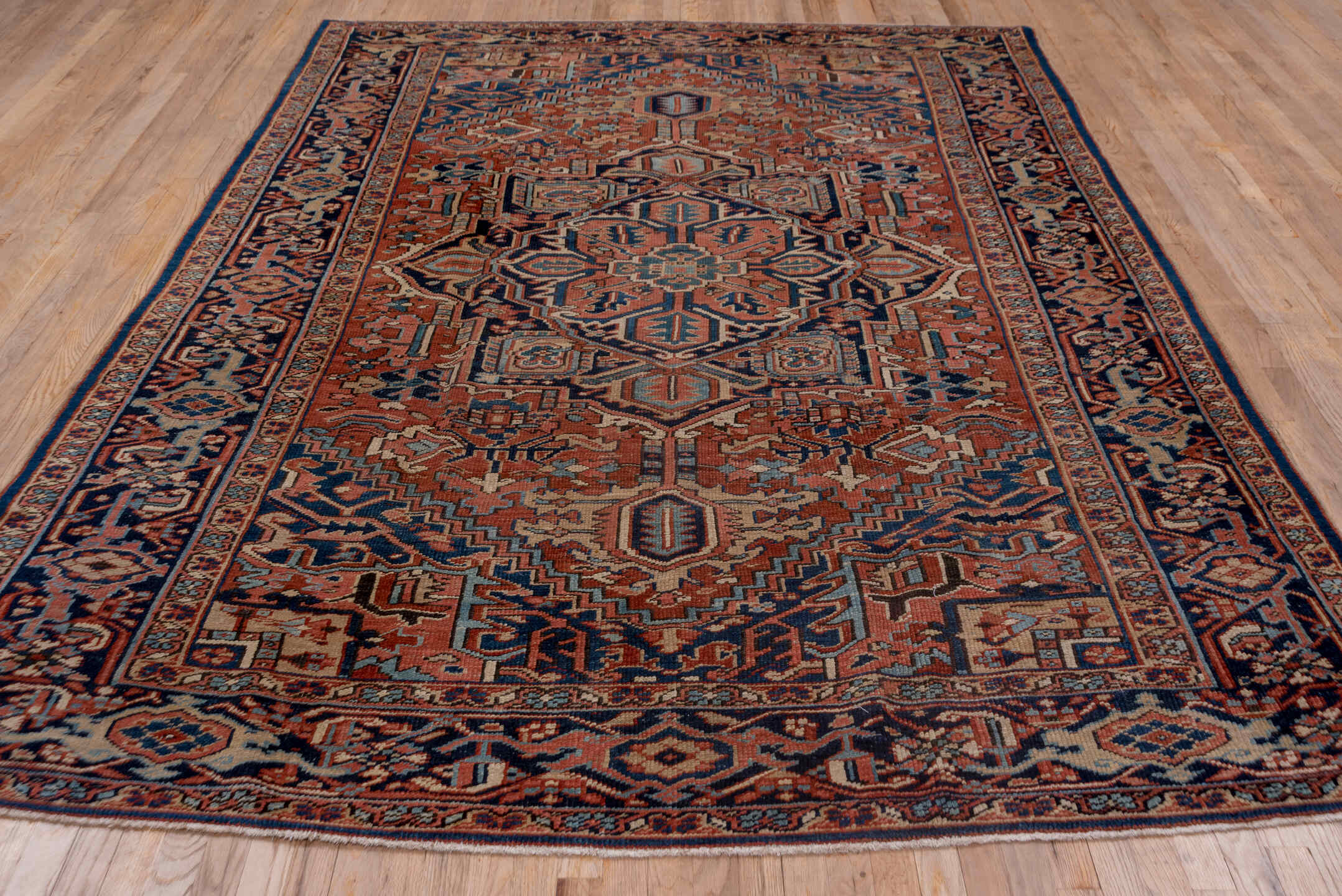 2' x 11' one-of-a-kind handmade vintage Tulu runner rug. Color palette: terracotta, navy, ivory, camel, slate blue, rust
