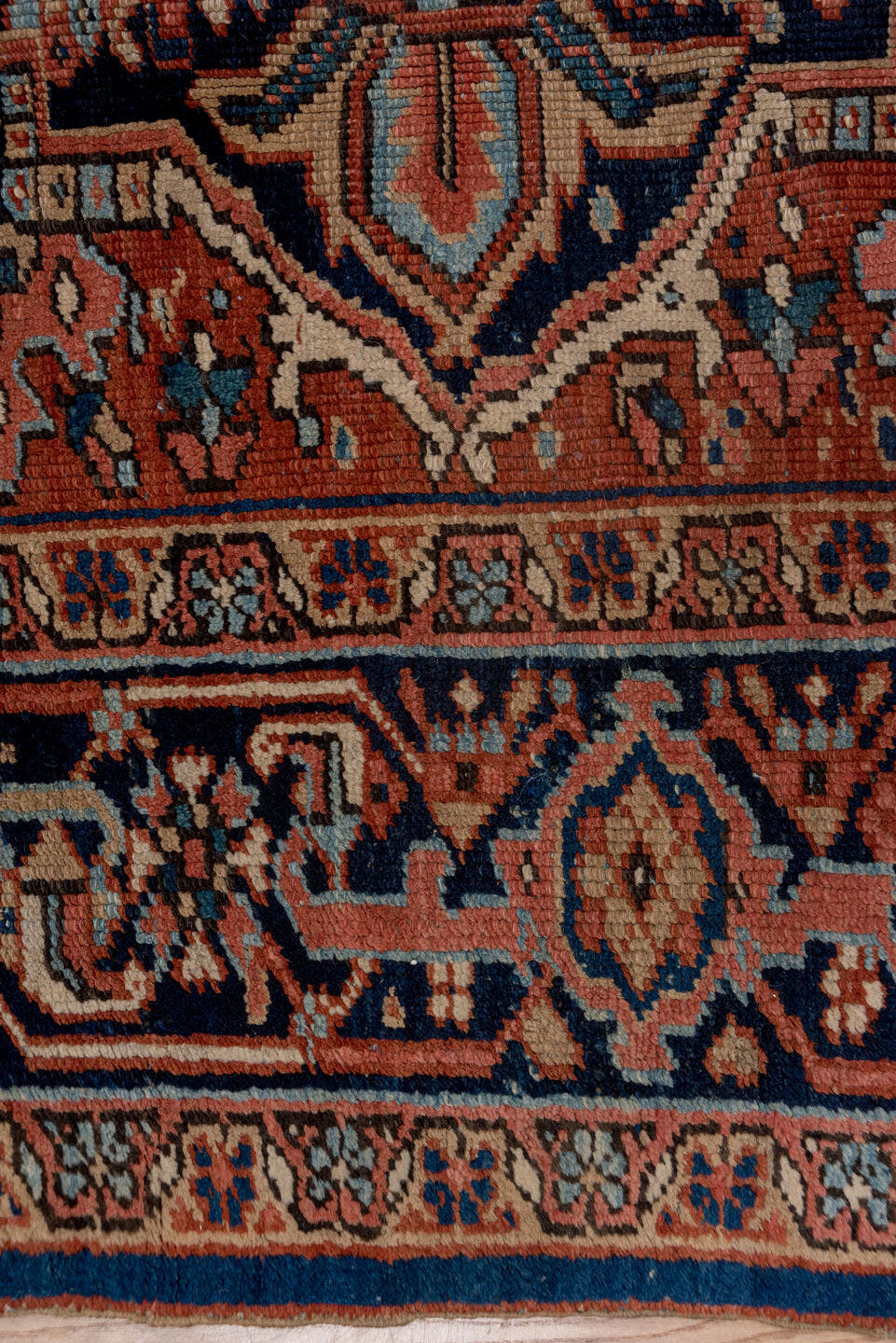 2' x 11' one-of-a-kind handmade vintage Tulu runner rug. Color palette: terracotta, navy, ivory, camel, slate blue, rust
