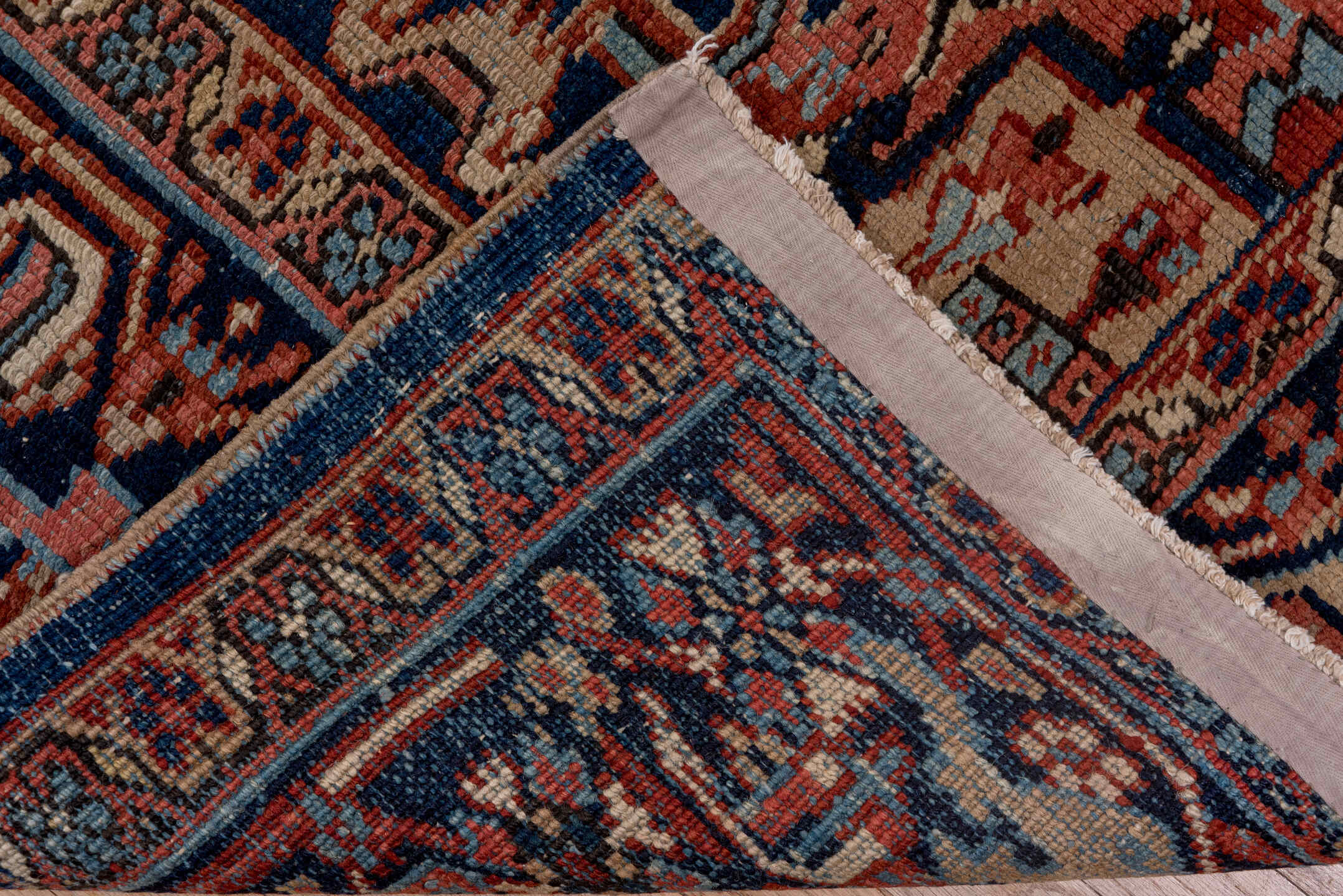 2' x 11' one-of-a-kind handmade vintage Tulu runner rug. Color palette: terracotta, navy, ivory, camel, slate blue, rust