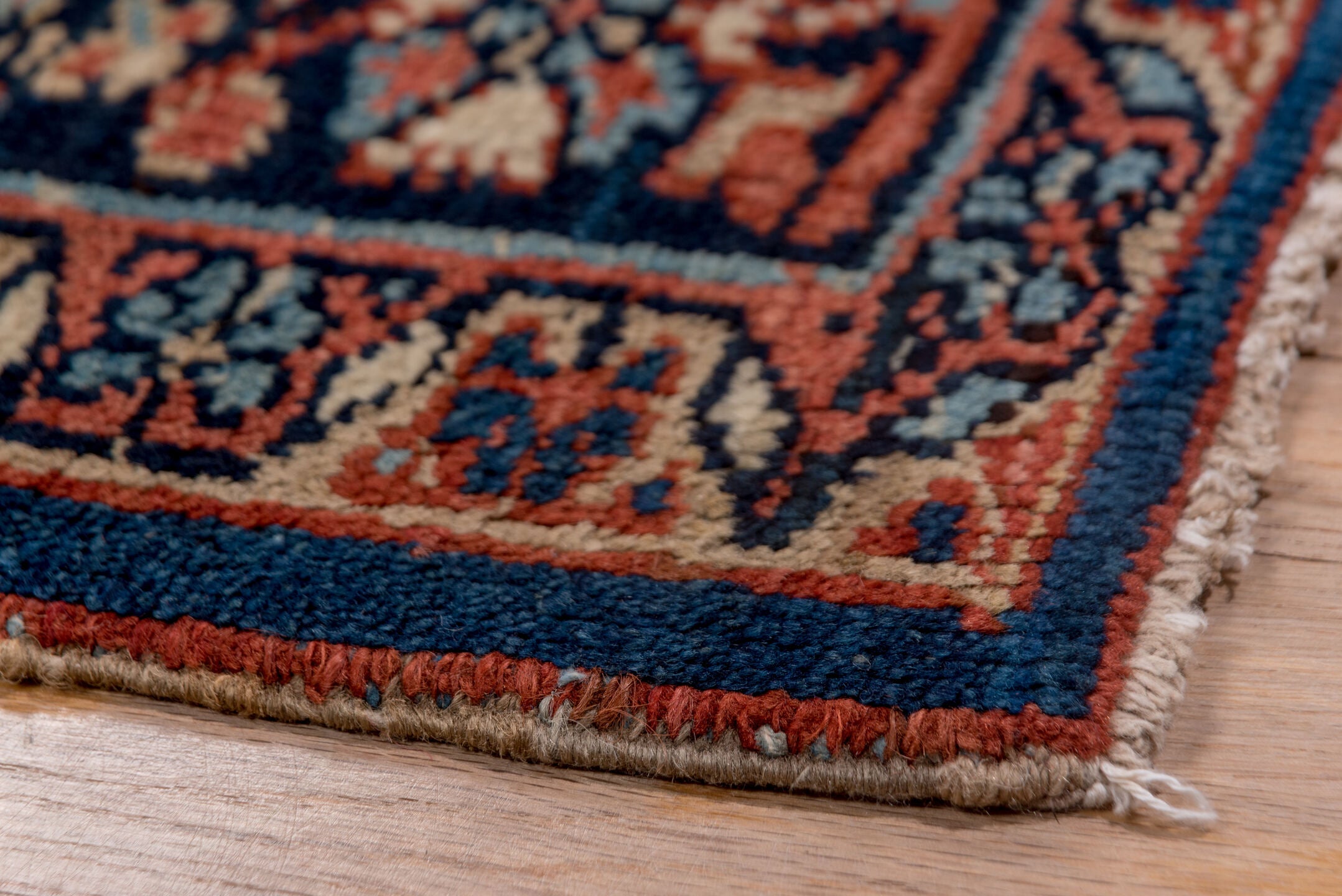 2' x 11' one-of-a-kind handmade vintage Tulu runner rug. Color palette: terracotta, navy, ivory, camel, slate blue, rust