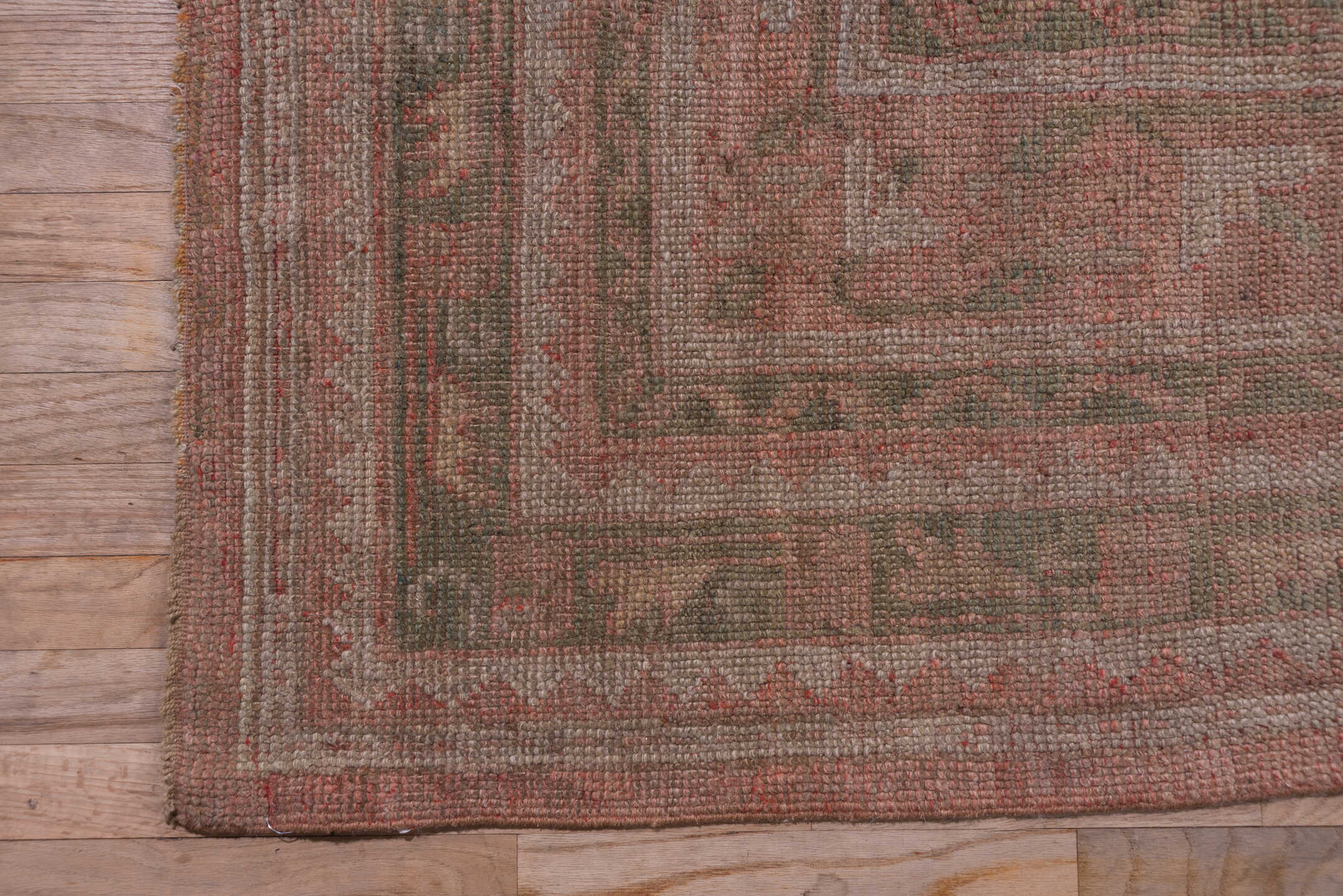 3' x 14' one-of-a-kind handmade vintage Tulu runner rug. Color palette: rose, taupe, dusty pink, camel, ivory, sage, brown