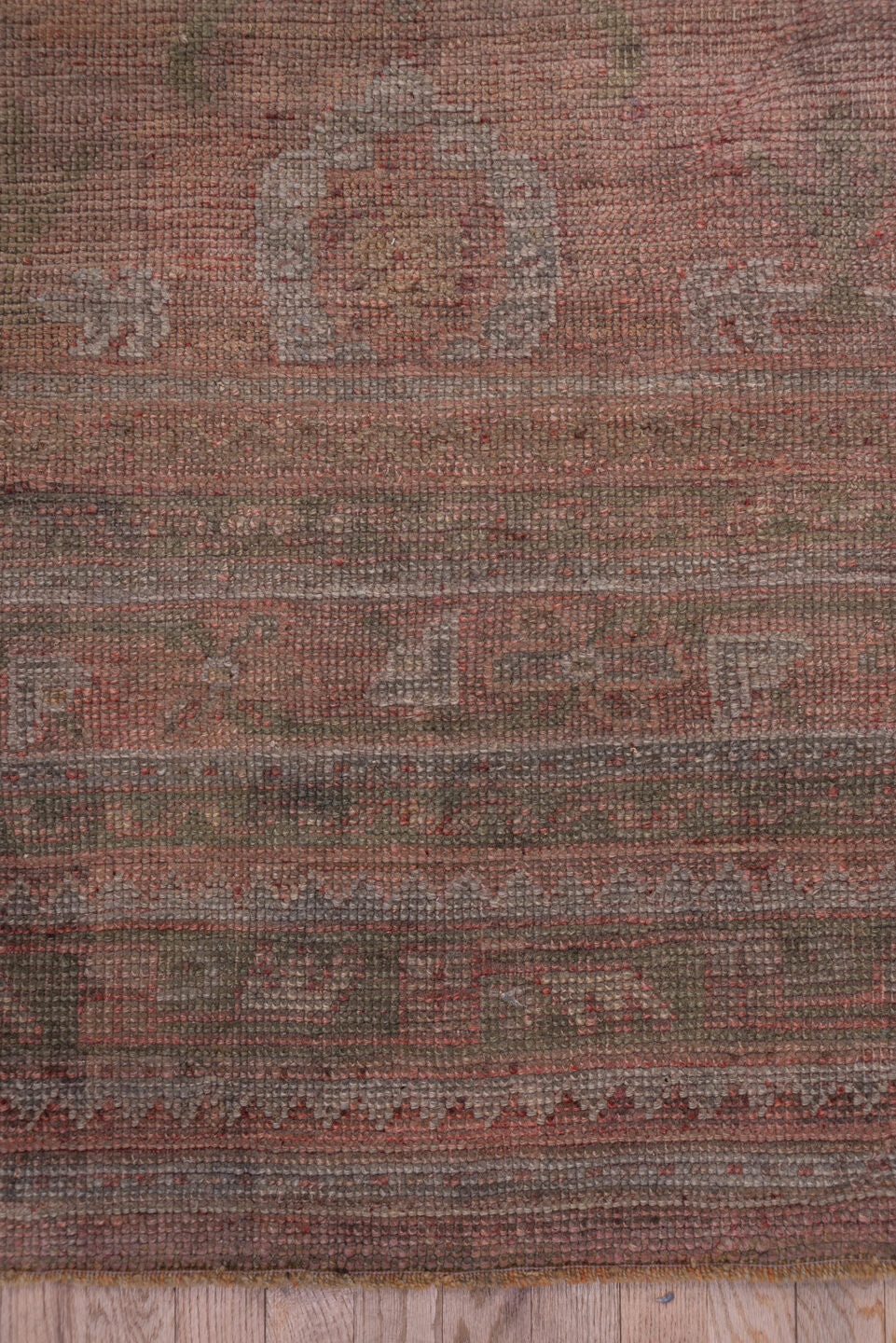 3' x 14' one-of-a-kind handmade vintage Tulu runner rug. Color palette: rose, taupe, dusty pink, camel, ivory, sage, brown
