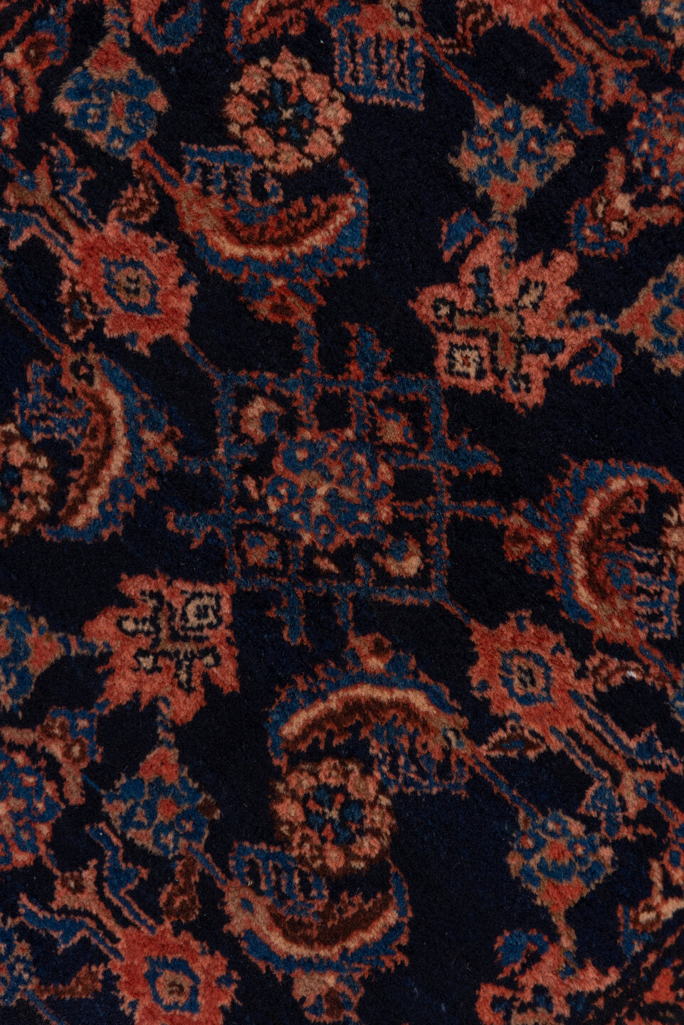 9' x 11' one-of-a-kind handmade vintage Afghan large size rug. Color palette: navy, rust, terra cotta, indigo, camel, blue