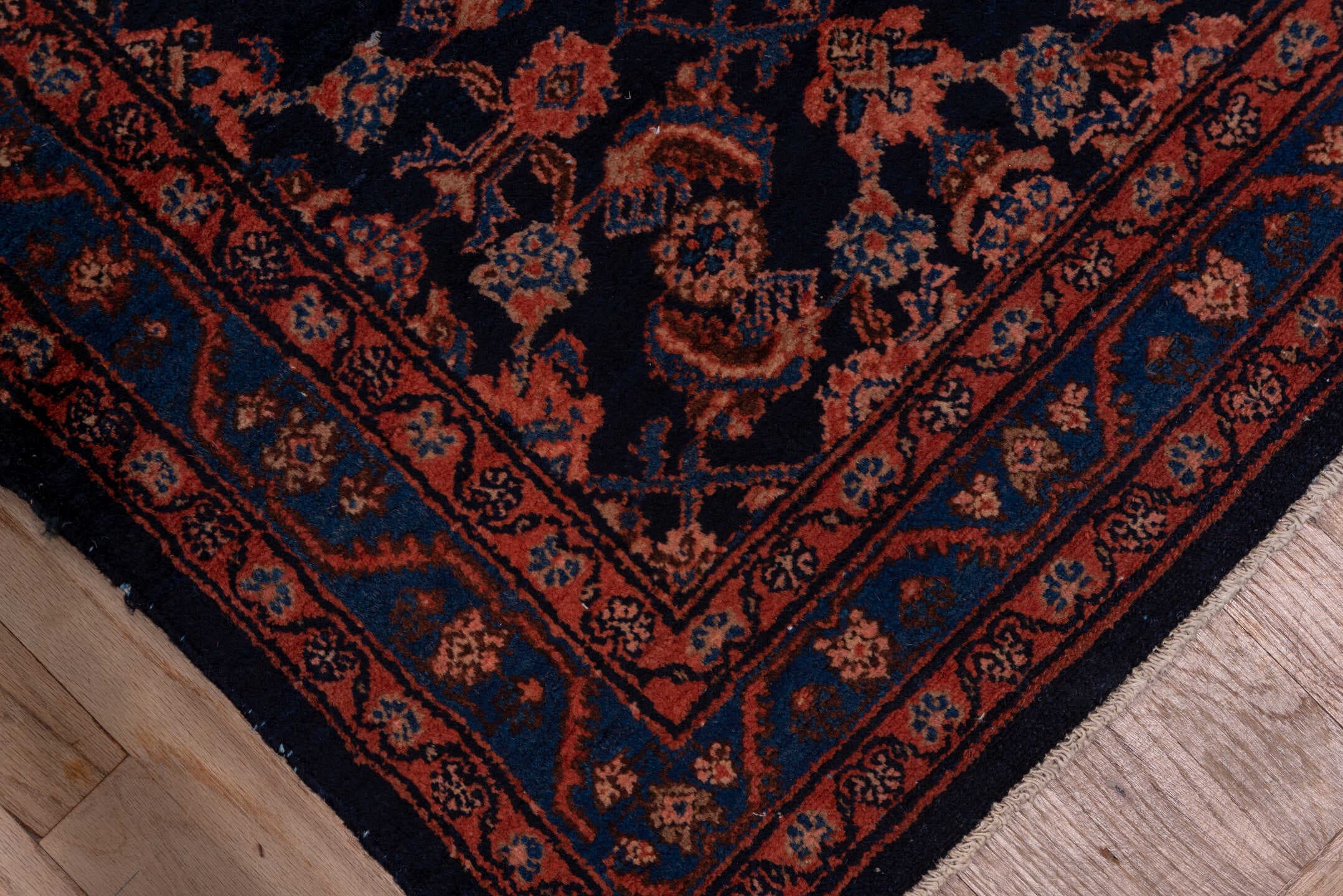 9' x 11' one-of-a-kind handmade vintage Afghan large size rug. Color palette: navy, rust, terra cotta, indigo, camel, blue