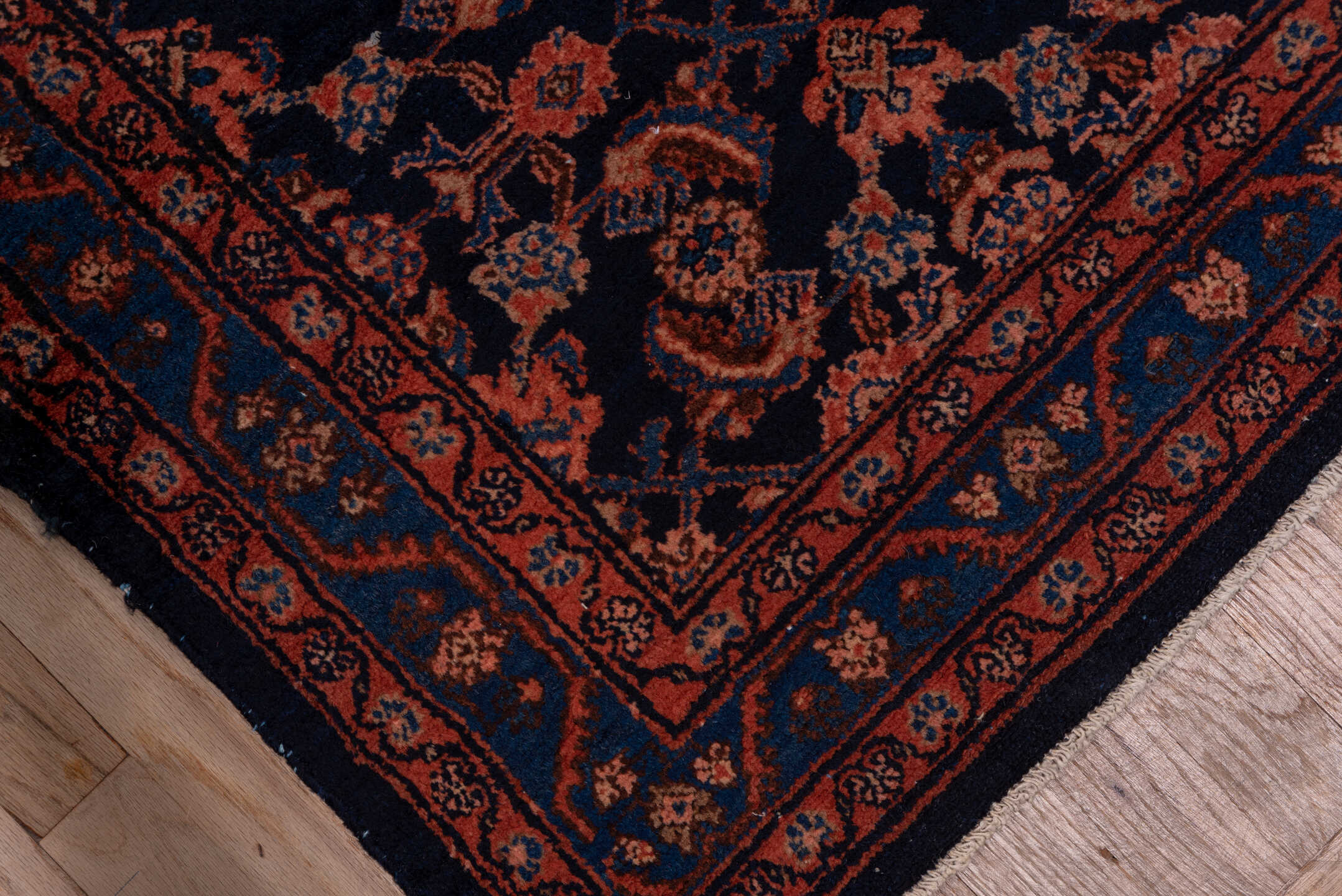 9' x 11' one-of-a-kind handmade vintage Afghan large size rug. Color palette: navy, rust, terra cotta, indigo, camel, blue
