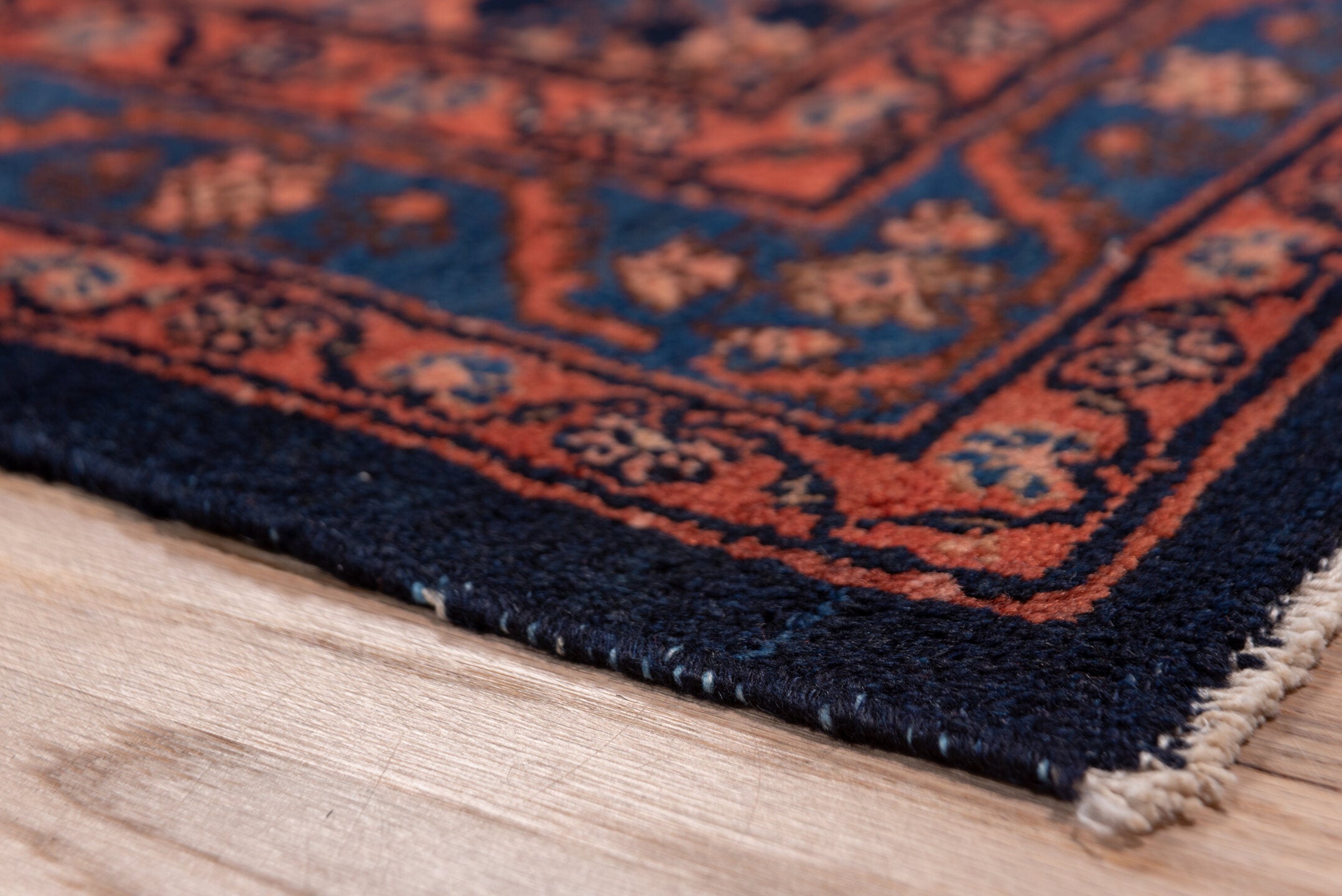 9' x 11' one-of-a-kind handmade vintage Afghan large size rug. Color palette: navy, rust, terra cotta, indigo, camel, blue