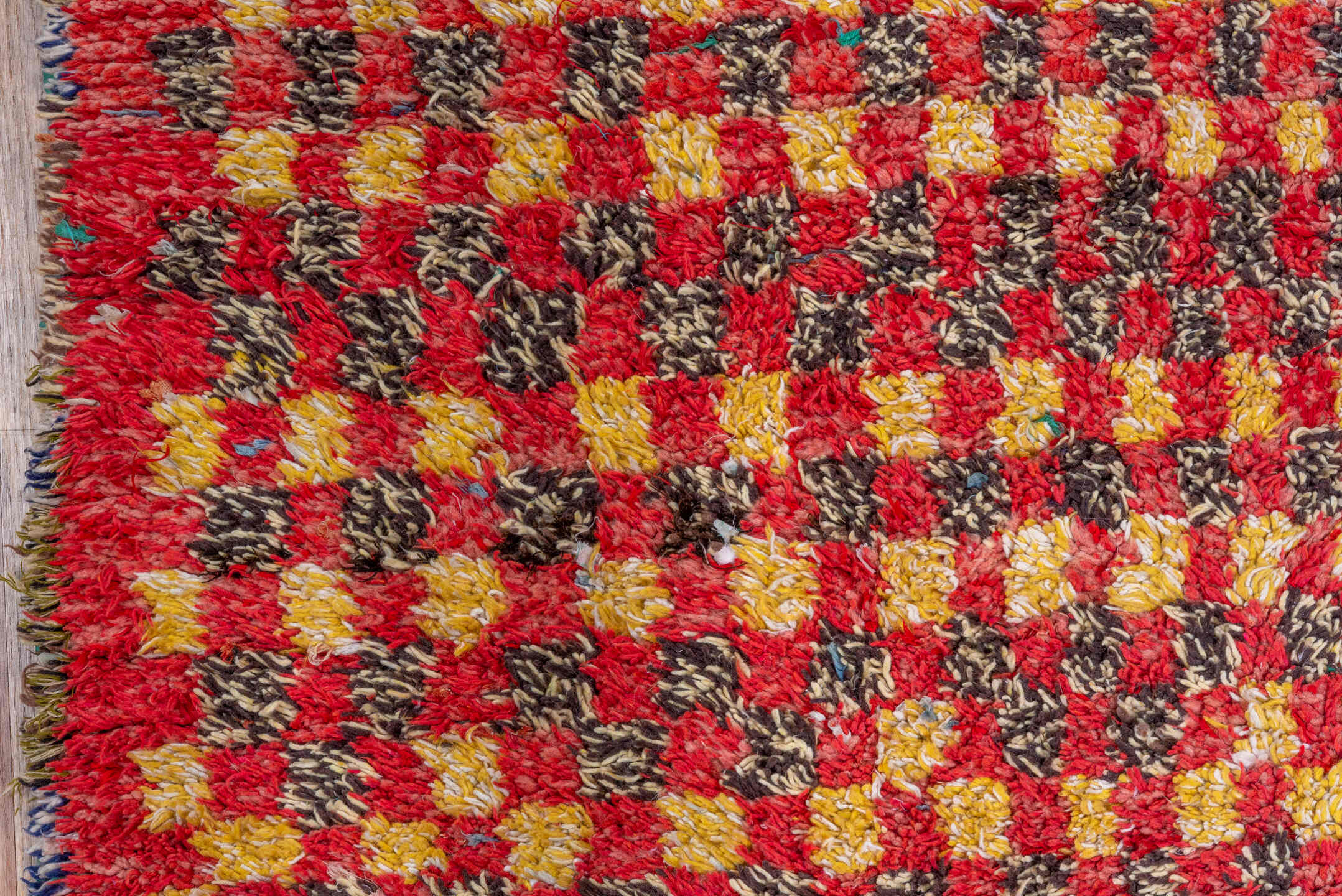 5' x 7' one-of-a-kind handmade vintage Rag Rug rug. Color palette: red, gold, dark brown, rust, blue, teal, ivory, brown