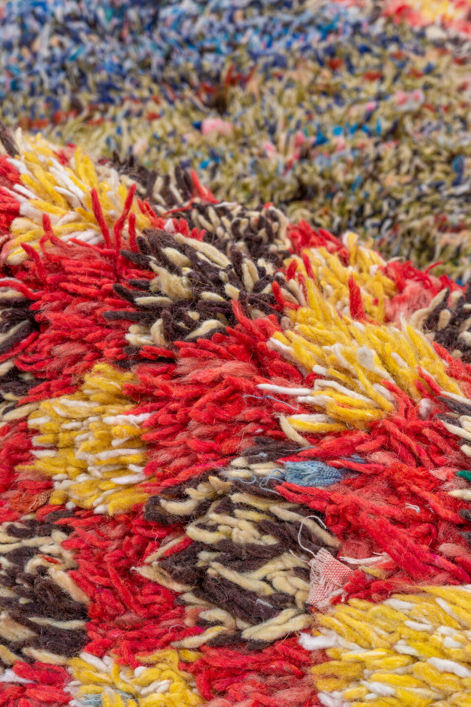 5' x 7' one-of-a-kind handmade vintage Rag Rug rug. Color palette: red, gold, dark brown, rust, blue, teal, ivory, brown