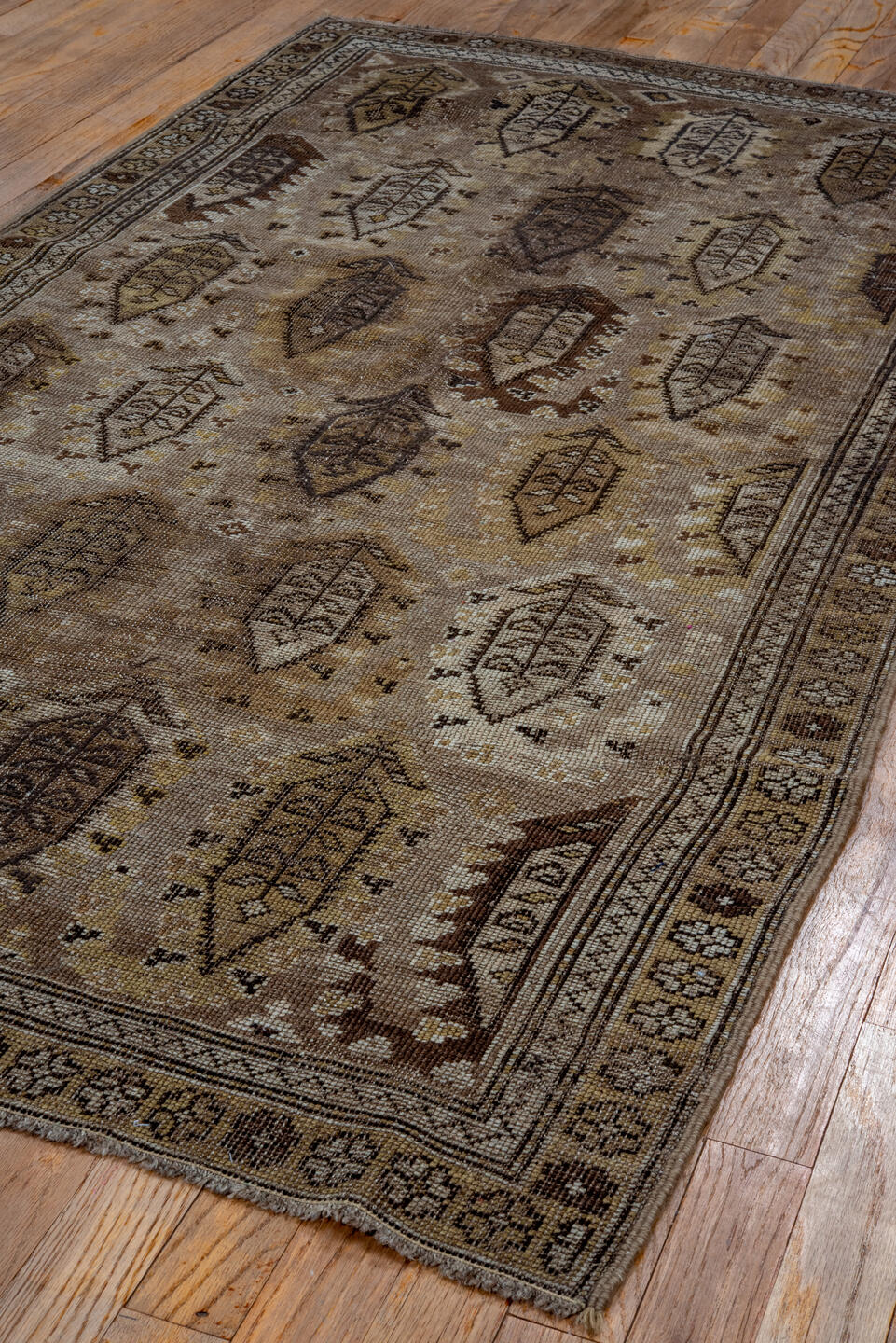 14' x 18' one-of-a-kind handmade vintage Tulu oversize rug. Color palette: taupe, camel, brown, ivory, charcoal, beige, gray