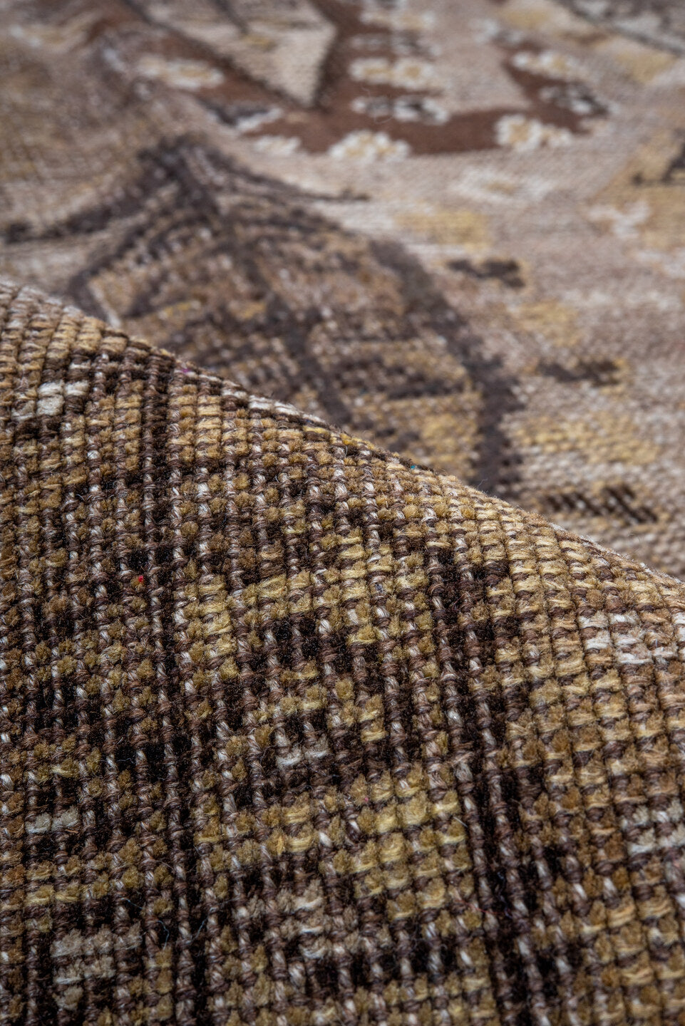 14' x 18' one-of-a-kind handmade vintage Tulu oversize rug. Color palette: taupe, camel, brown, ivory, charcoal, beige, gray