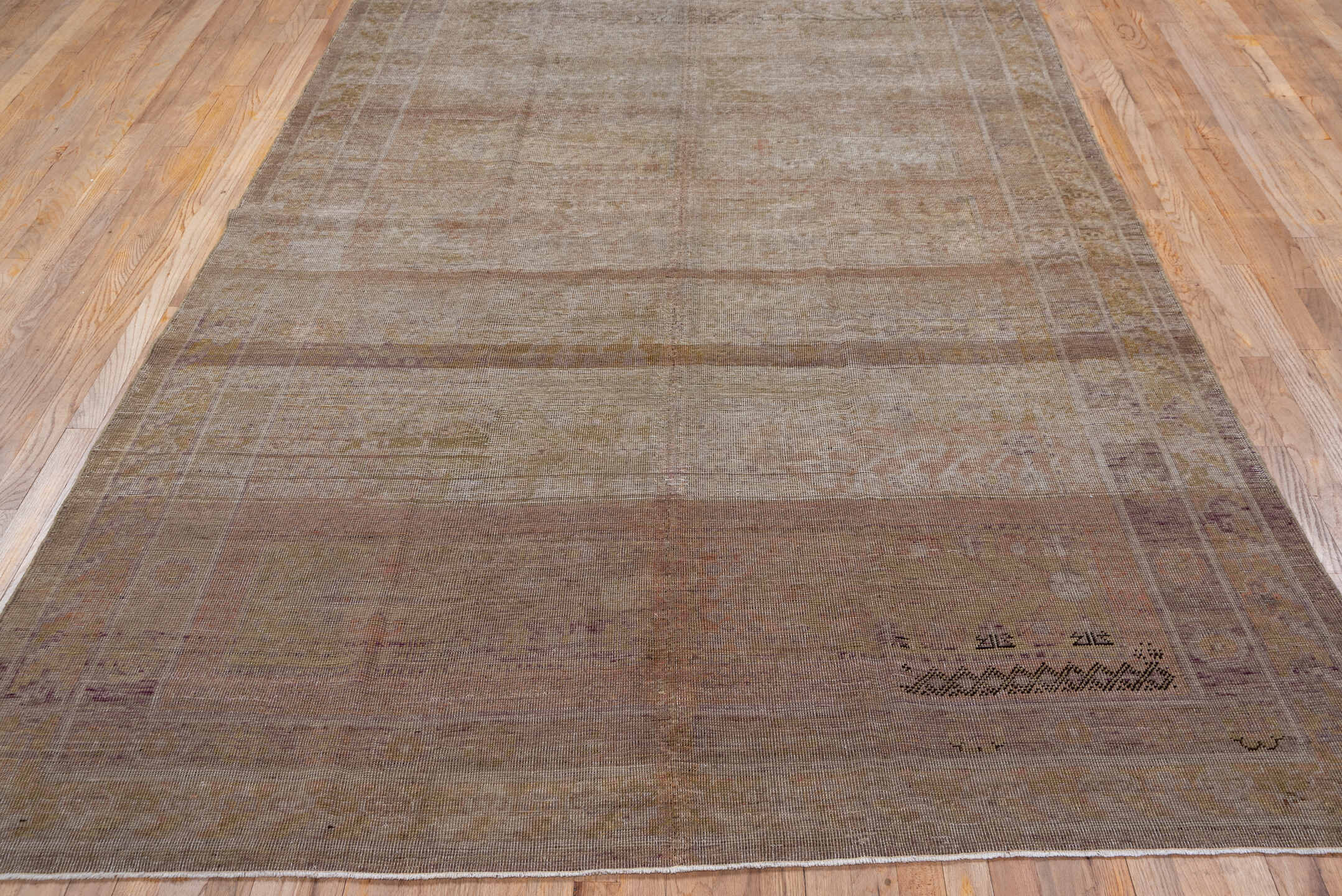 12' x 14' one-of-a-kind handmade vintage Kilim oversize rug. Color palette: taupe, blush, ivory, beige, sand, rose, camel
