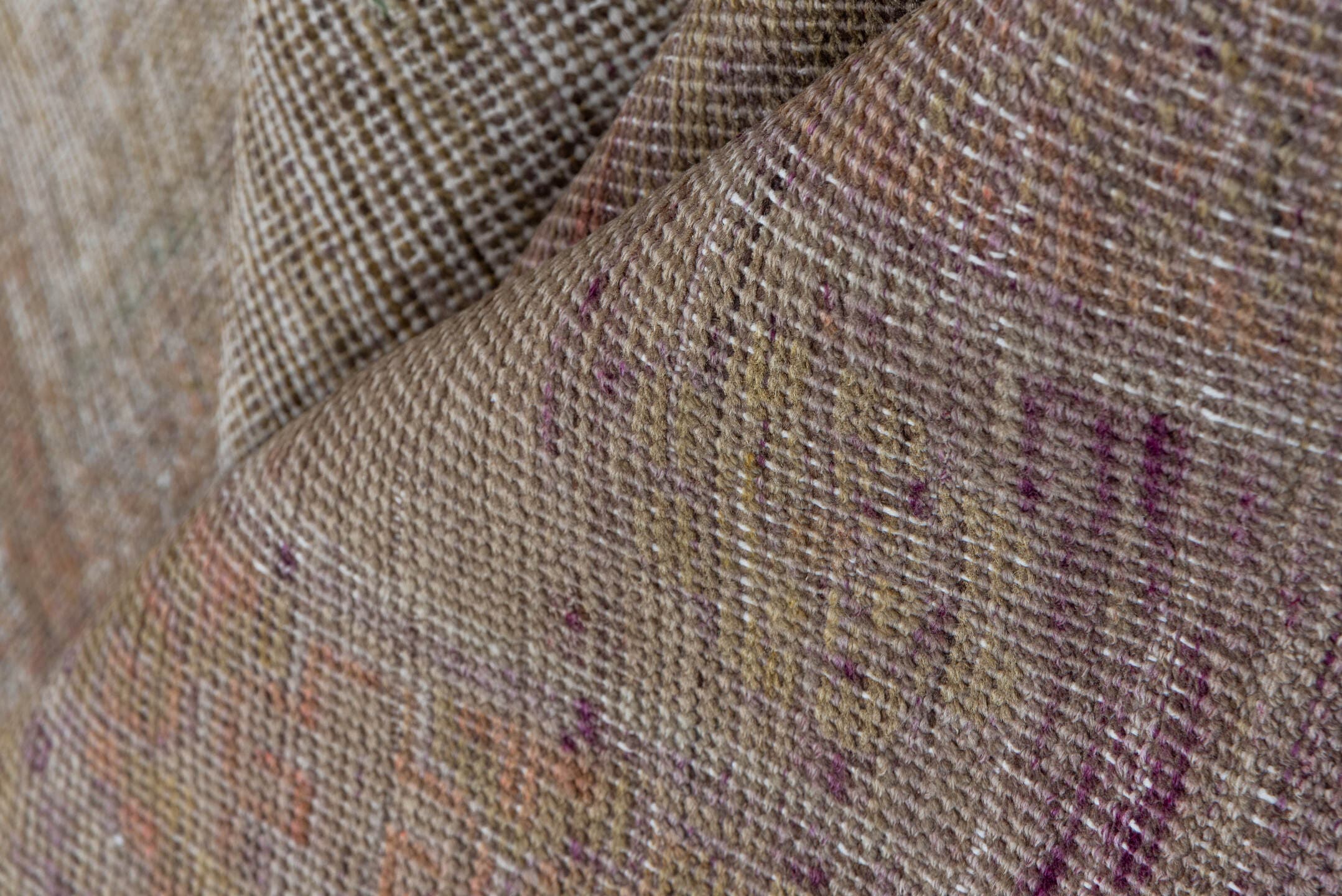12' x 14' one-of-a-kind handmade vintage Kilim oversize rug. Color palette: taupe, blush, ivory, beige, sand, rose, camel