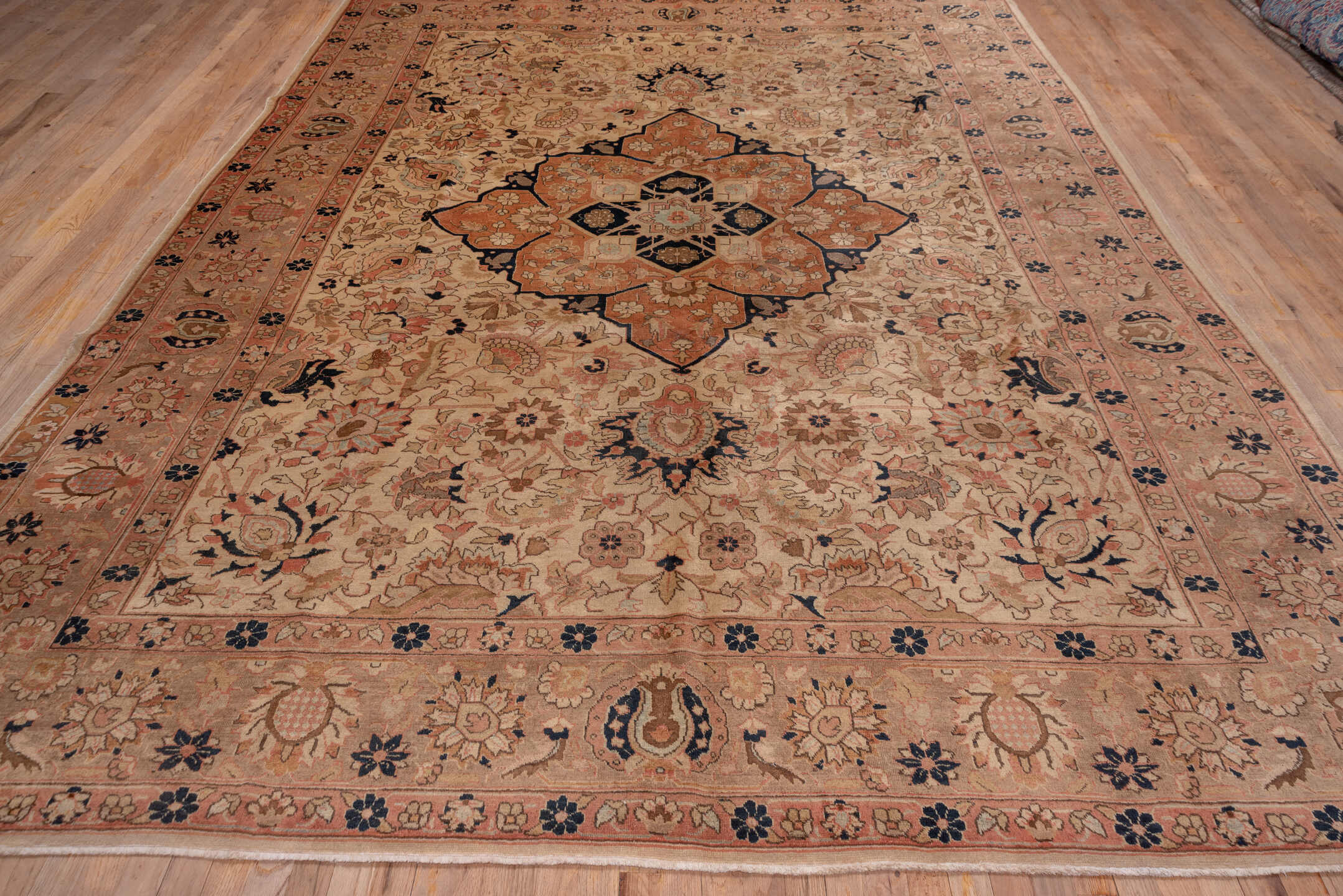 8' x 17' one-of-a-kind handmade vintage Afghan rug. Color palette: ivory, terra cotta, navy, blush, taupe, camel, brown