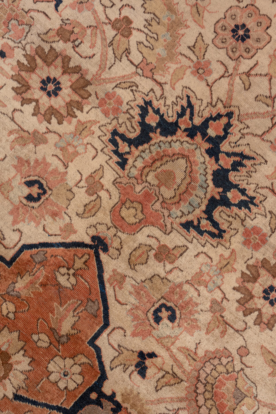 8' x 17' one-of-a-kind handmade vintage Afghan rug. Color palette: ivory, terra cotta, navy, blush, taupe, camel, brown
