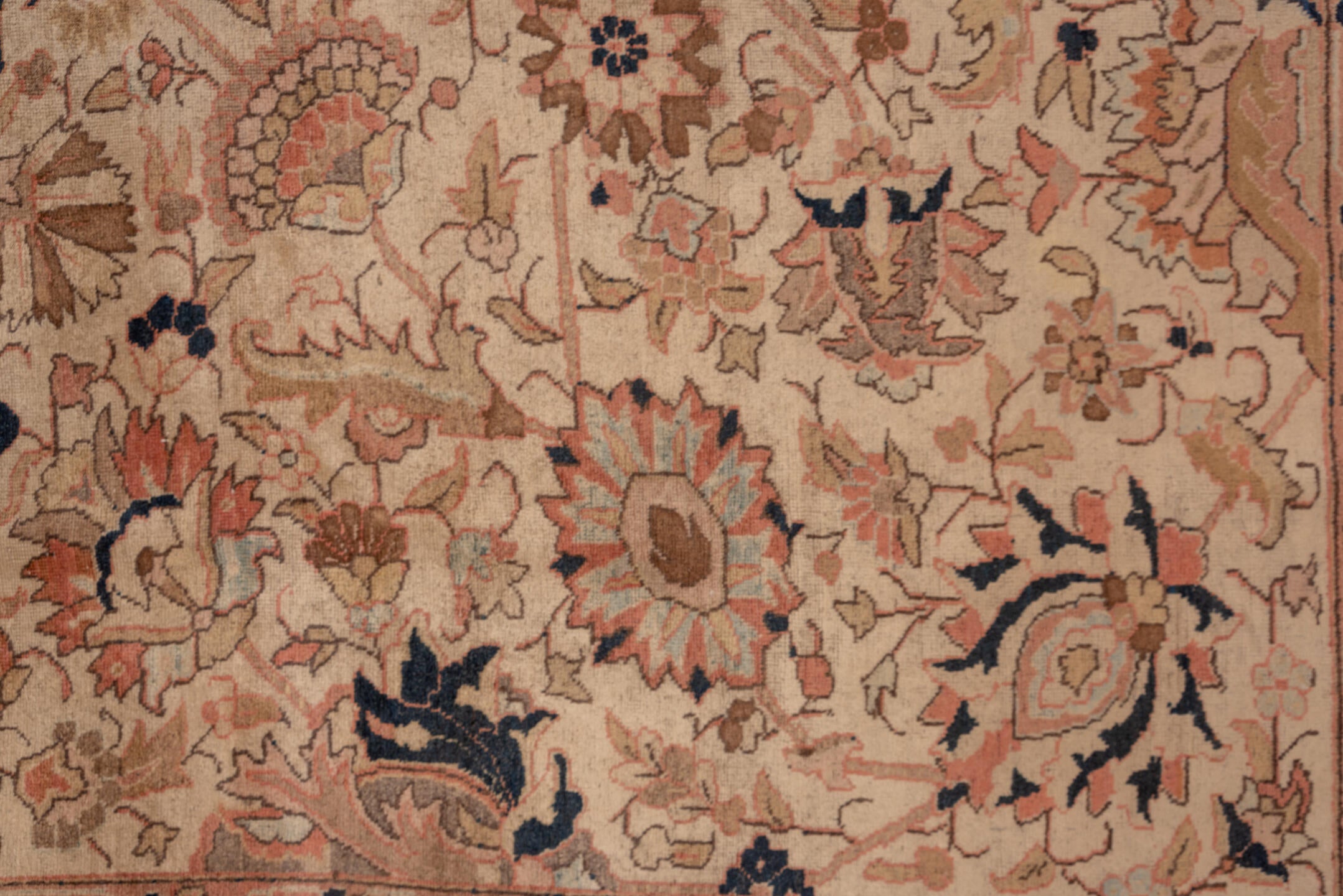 8' x 17' one-of-a-kind handmade vintage Afghan rug. Color palette: ivory, terra cotta, navy, blush, taupe, camel, brown