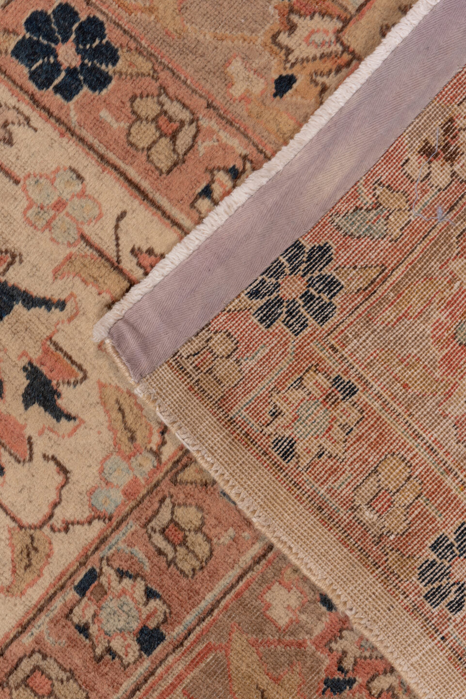 8' x 17' one-of-a-kind handmade vintage Afghan rug. Color palette: ivory, terra cotta, navy, blush, taupe, camel, brown