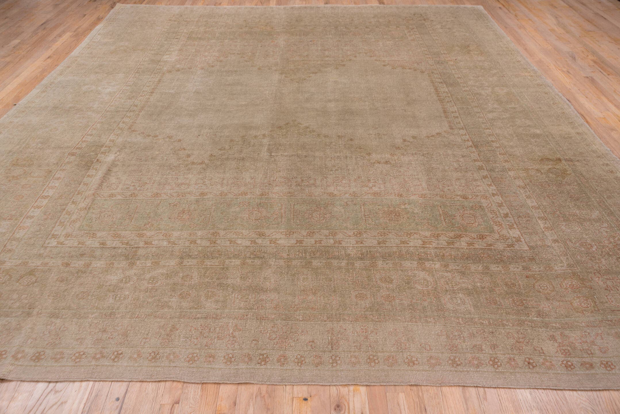 12' x 15' one-of-a-kind handmade vintage Kilim oversize rug. Color palette: ivory, blush, taupe, sand, pale rose, beige