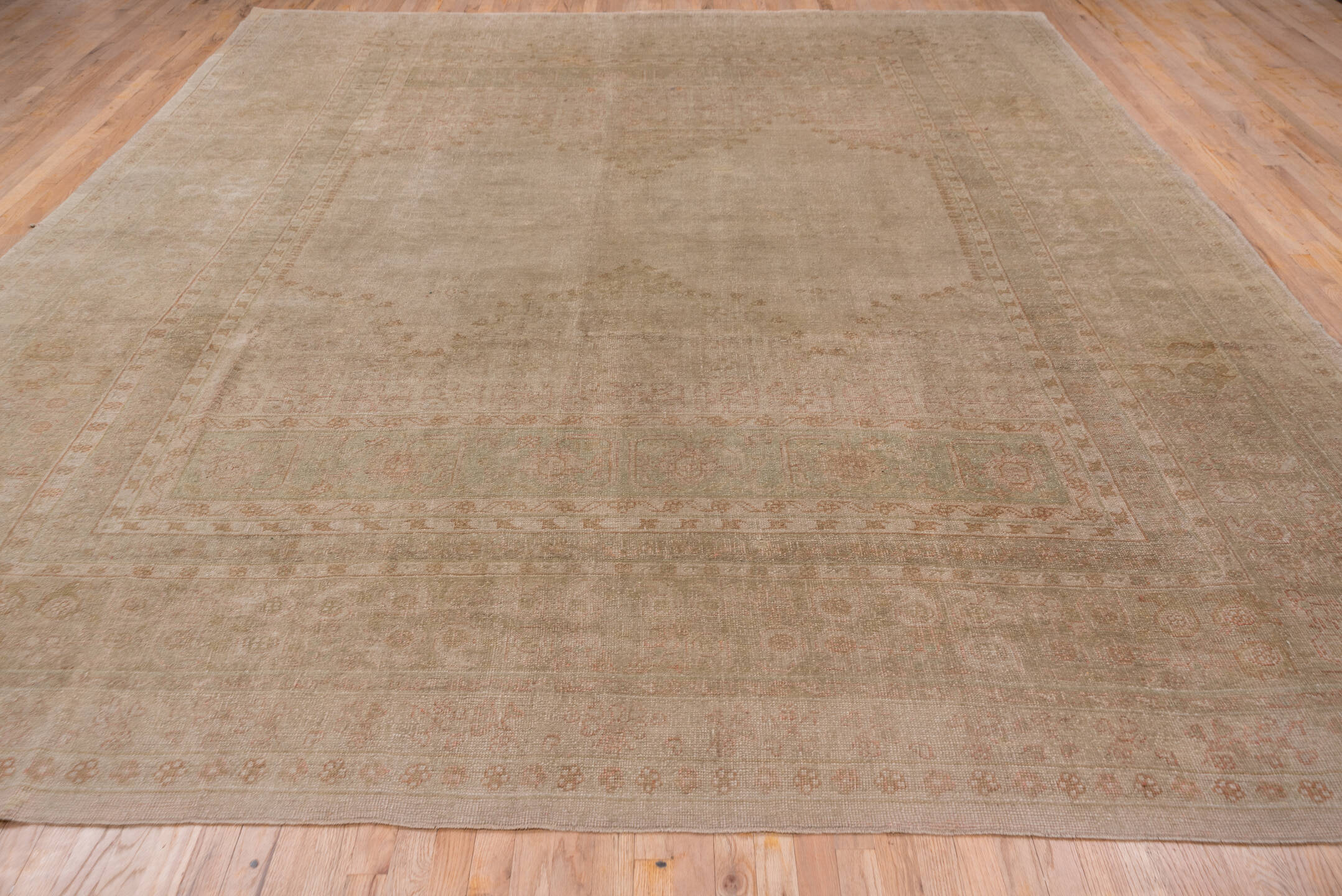 12' x 15' one-of-a-kind handmade vintage Kilim oversize rug. Color palette: ivory, blush, taupe, sand, pale rose, beige