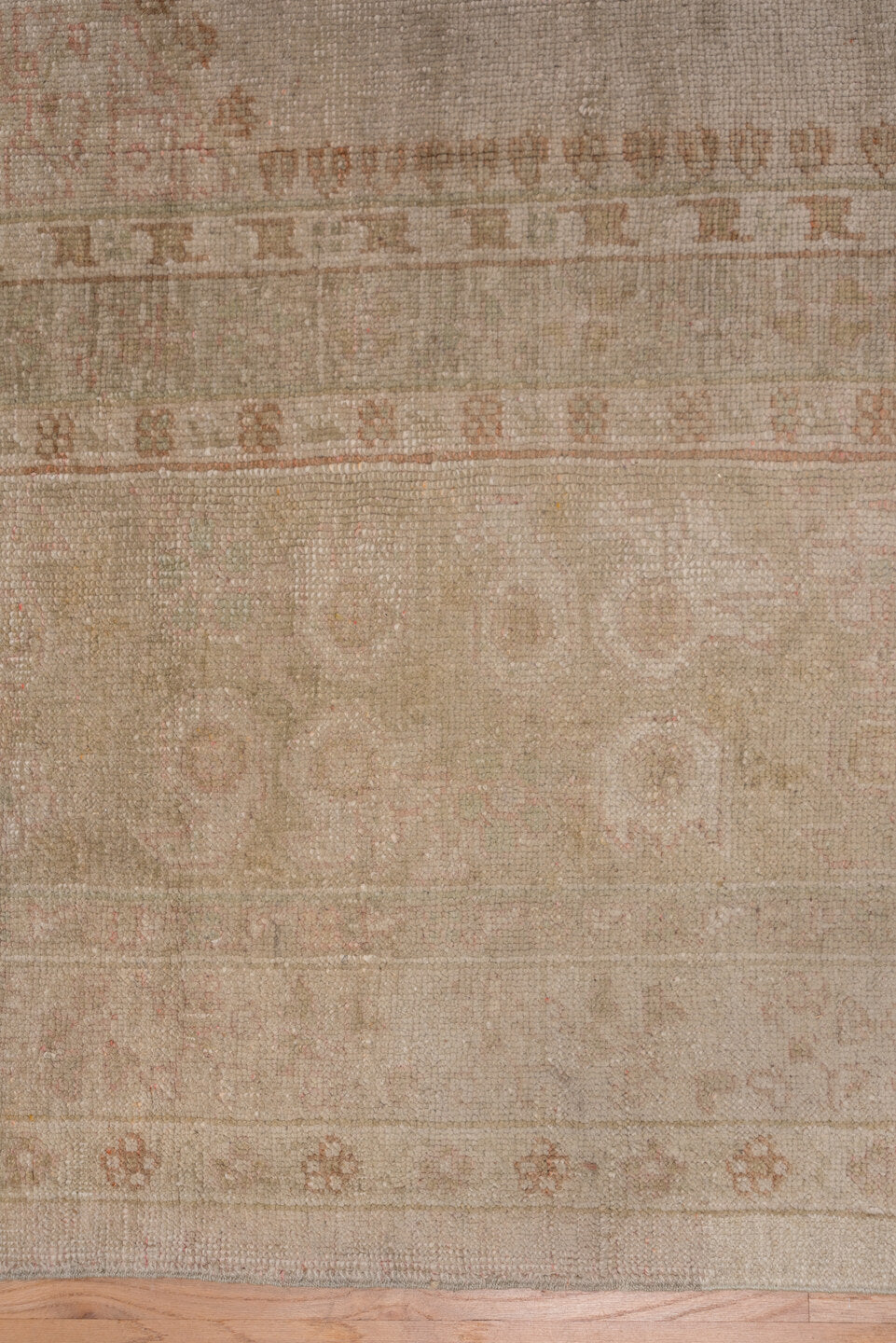 12' x 15' one-of-a-kind handmade vintage Kilim oversize rug. Color palette: ivory, blush, taupe, sand, pale rose, beige