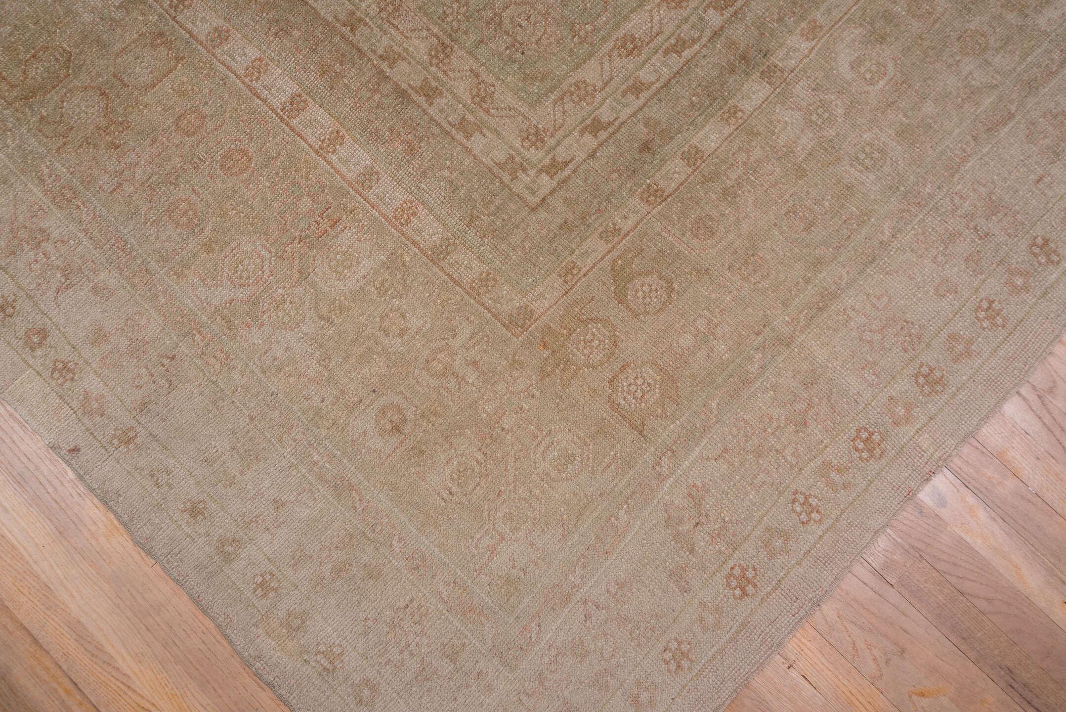 12' x 15' one-of-a-kind handmade vintage Kilim oversize rug. Color palette: ivory, blush, taupe, sand, pale rose, beige
