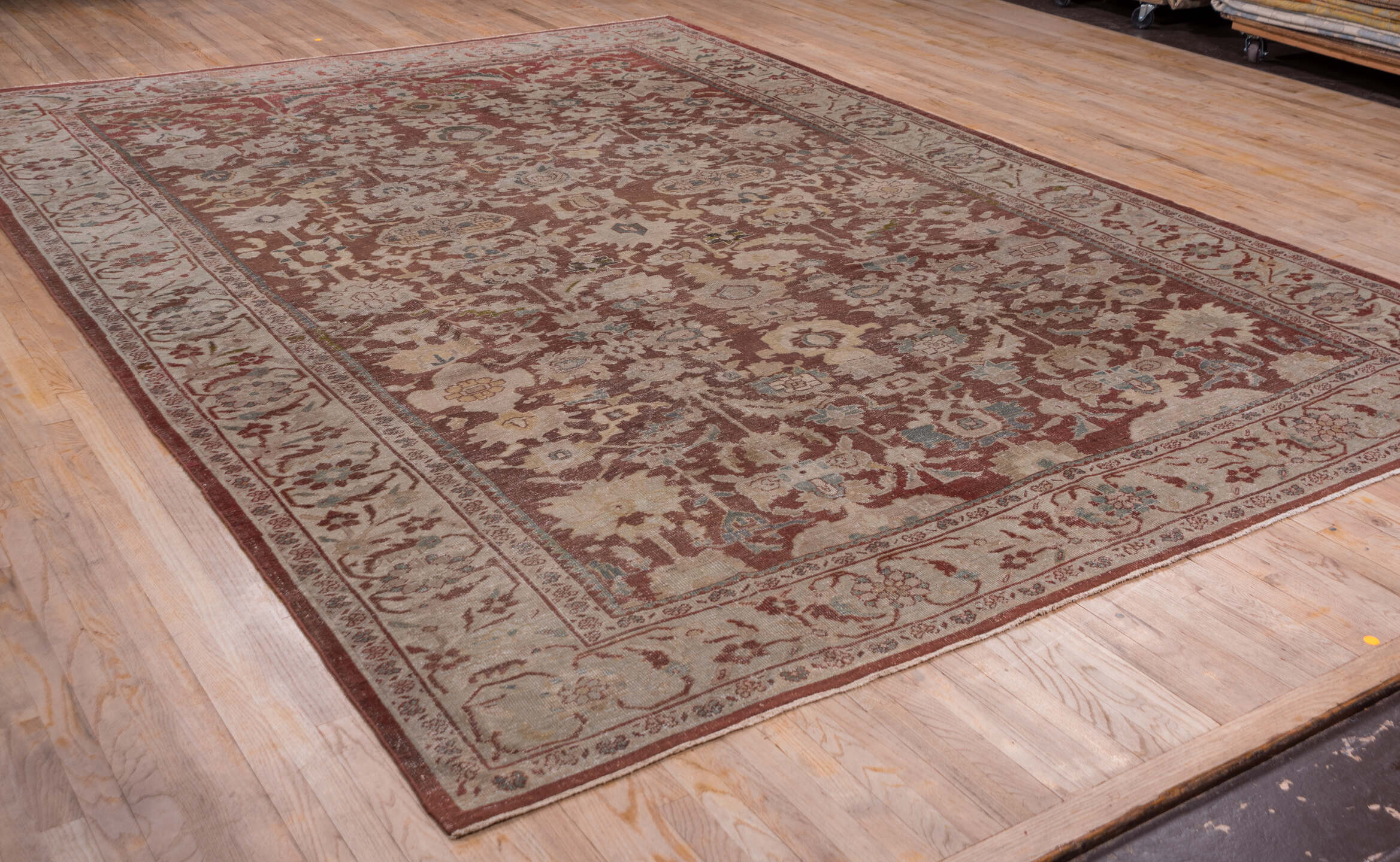 12' x 16' one-of-a-kind handmade vintage Tulu oversize rug. Color palette: terracotta, ivory, rose, taupe, sage, blue gray